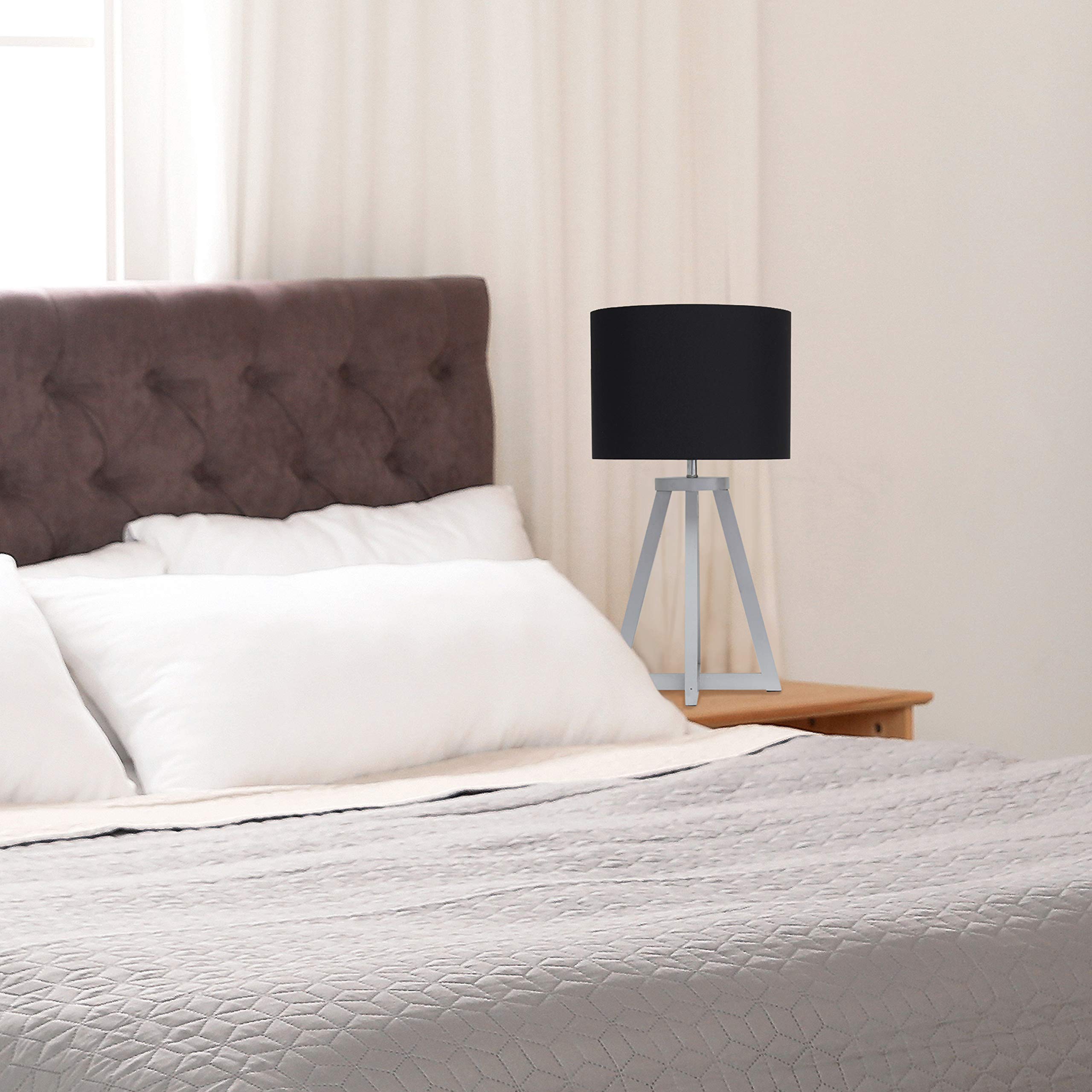 Simple Designs LT1069-GYB Table Lamp, Triangular Wood Fabric Shade, Gray/Black, 9.88"D x 9.88"W x 19.13"H