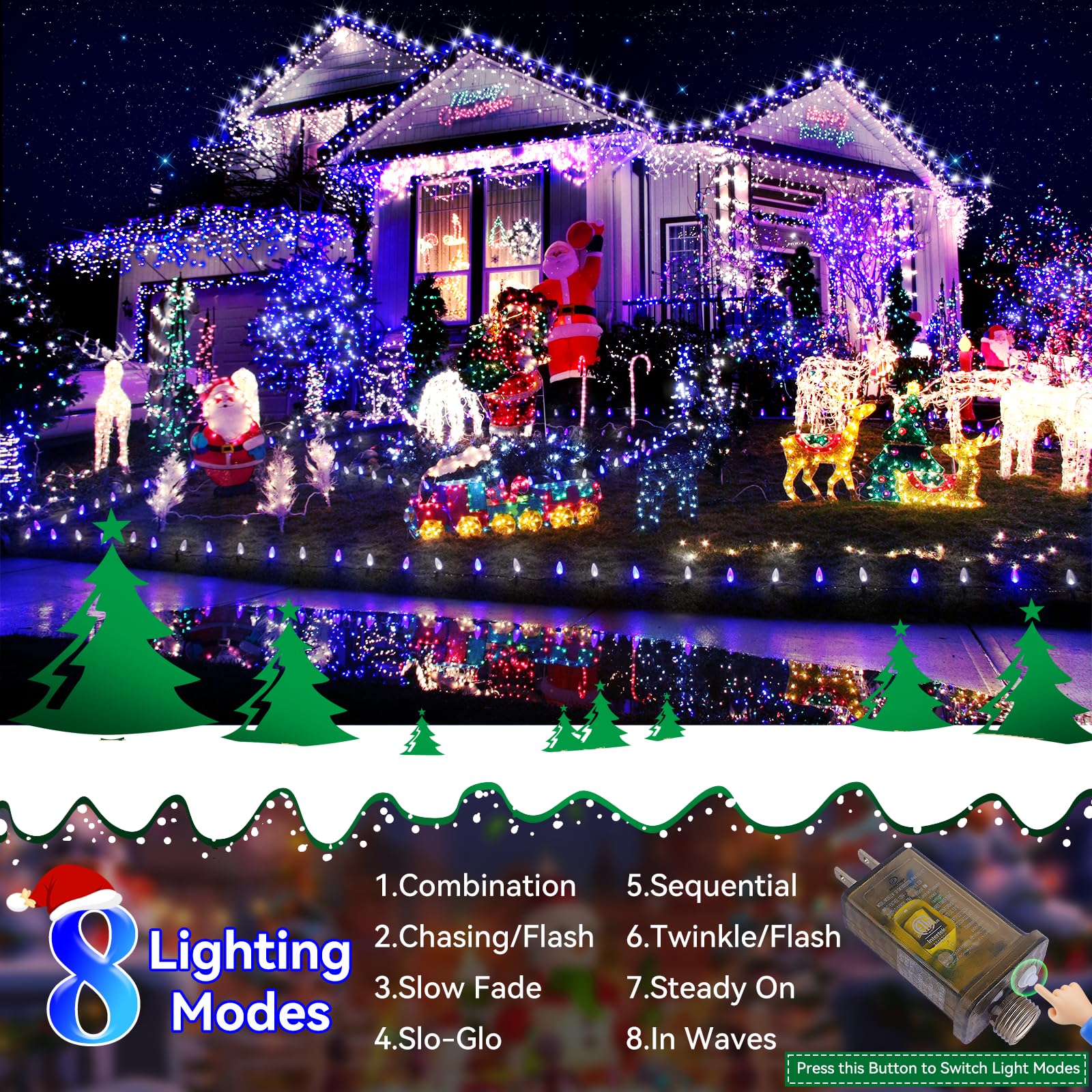 Heceltt LED String Lights, 125FT 350 Lights, 8 Modes, Waterproof, Blue and Cold White, Model BG-CL3M3-306L01