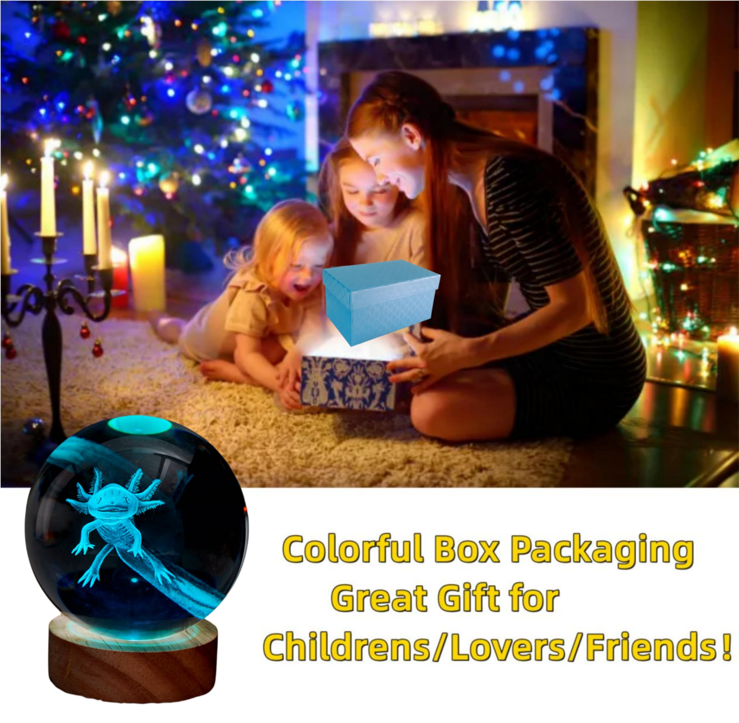Conalisk 3D Axolotl Crystal Ball Lamp, 3.15 Inch, LED Color Changing, Remote Control, Gift Box, Home Decor (Axolotl B)