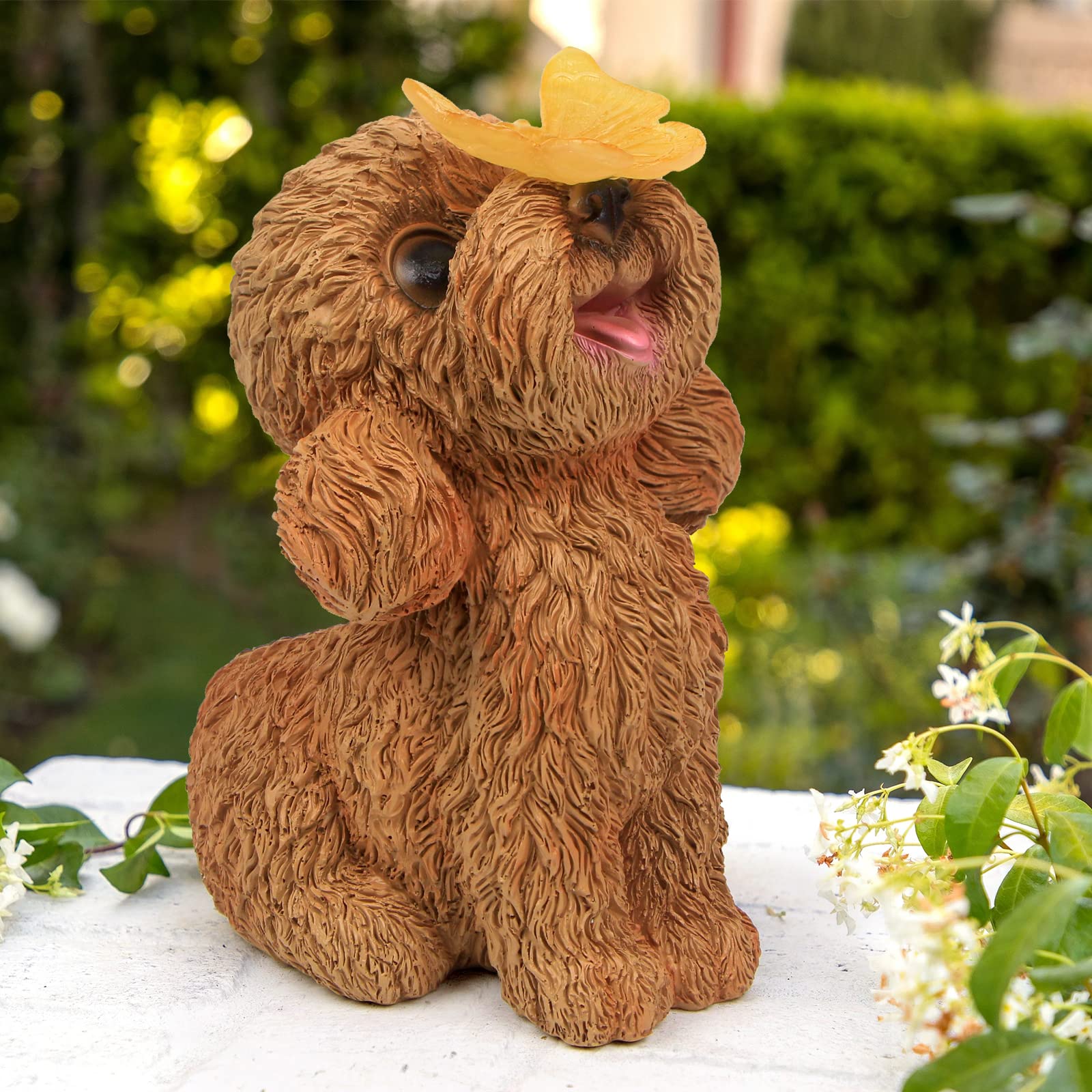 PaLuQiYa Dog Statues Outdoor Decor - Solar Resin Dog Ornaments for Garden, Patio, Lawn - Teddy Color, Ideal Housewarming Gift