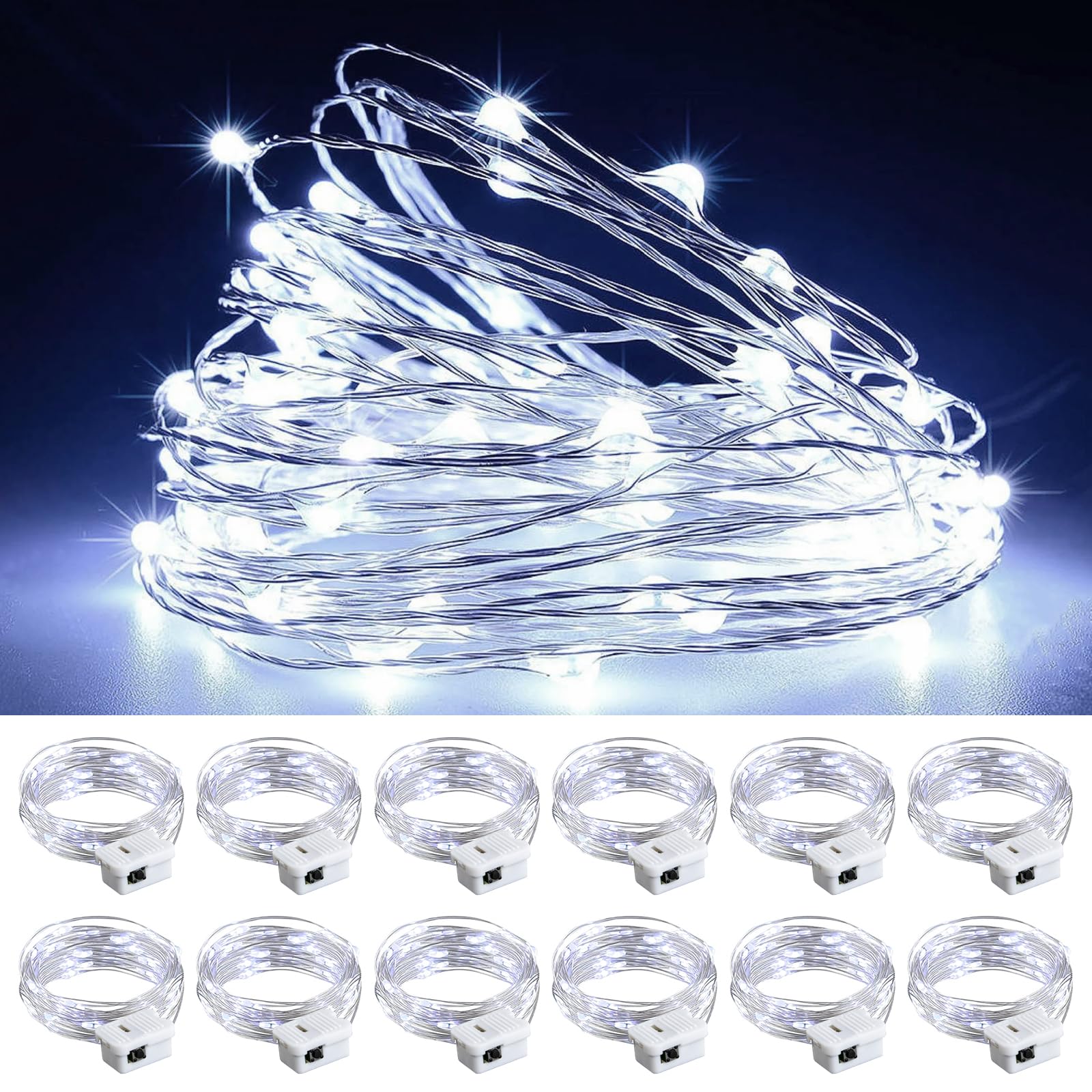 chzk Fairy Lights 24 Pack 7FT 20 LED Twinkle Lights, Battery Operated, White, Model D11-BKDC for Christmas, Halloween, Table Decorations