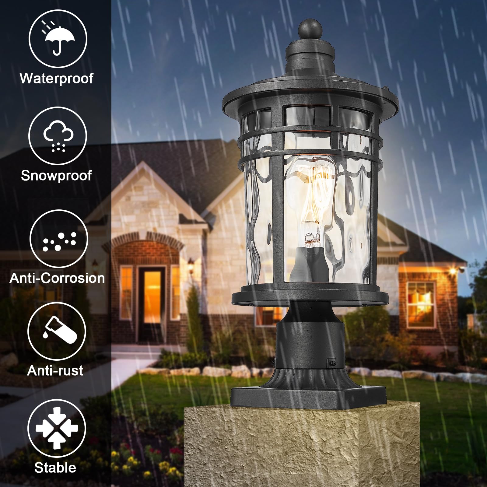 Darkaway Large Outdoor Post Light, 17" Aluminum Fixture, Black with Water Ripple Glass, Model 6X20P-M BK+WG, Ideal for Patio and Garden