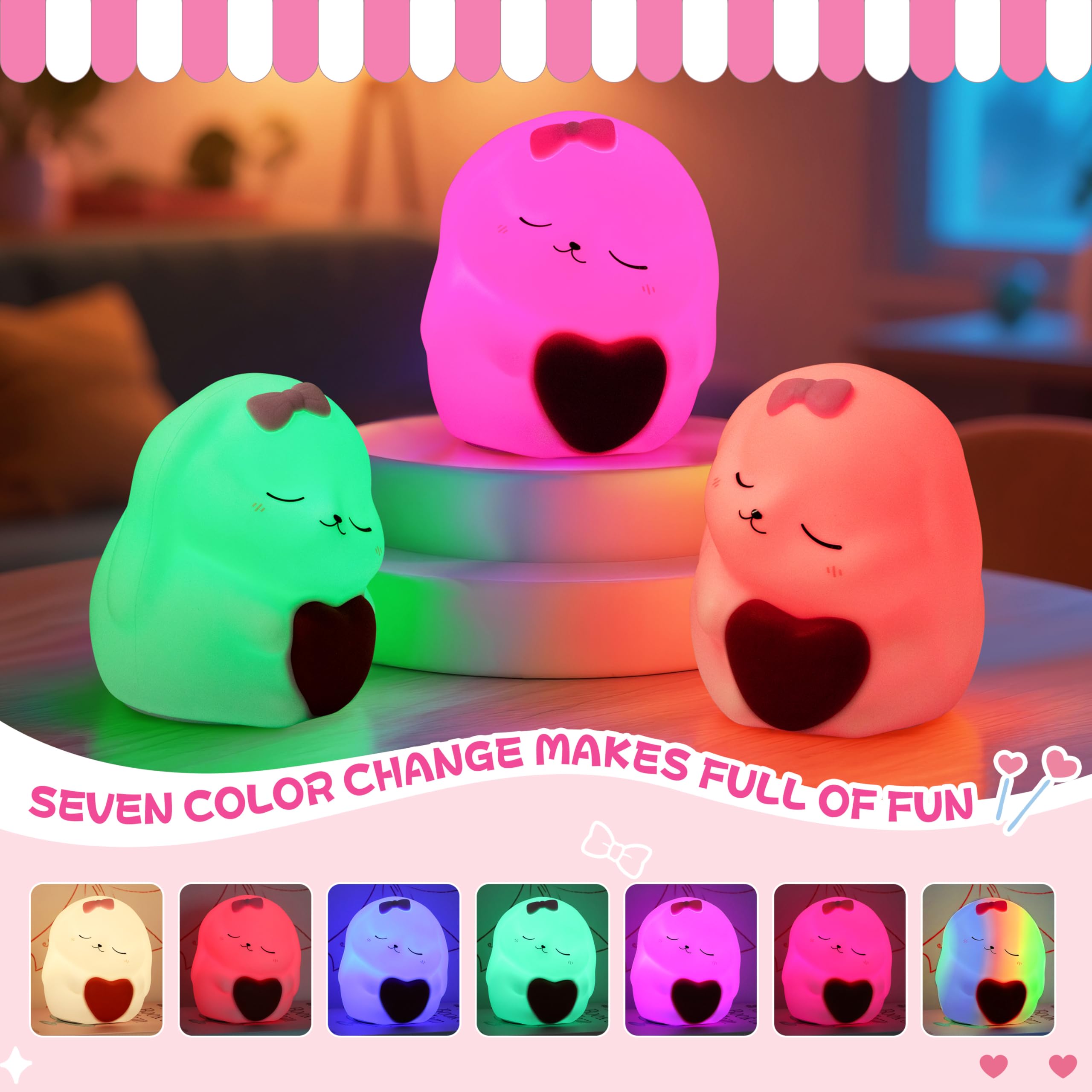 loatme Rechargeable Dimmable Silicone LED Night Light, 7 Colors, Rabbit Design for Kids Room Decor