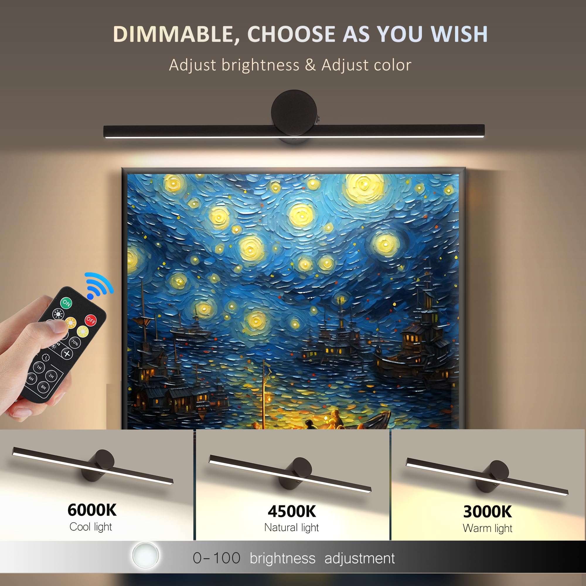 ZitoStory Battery Operated Picture Light, Wireless Dimmable Art Light, 20 Inch, Black, Model 7119