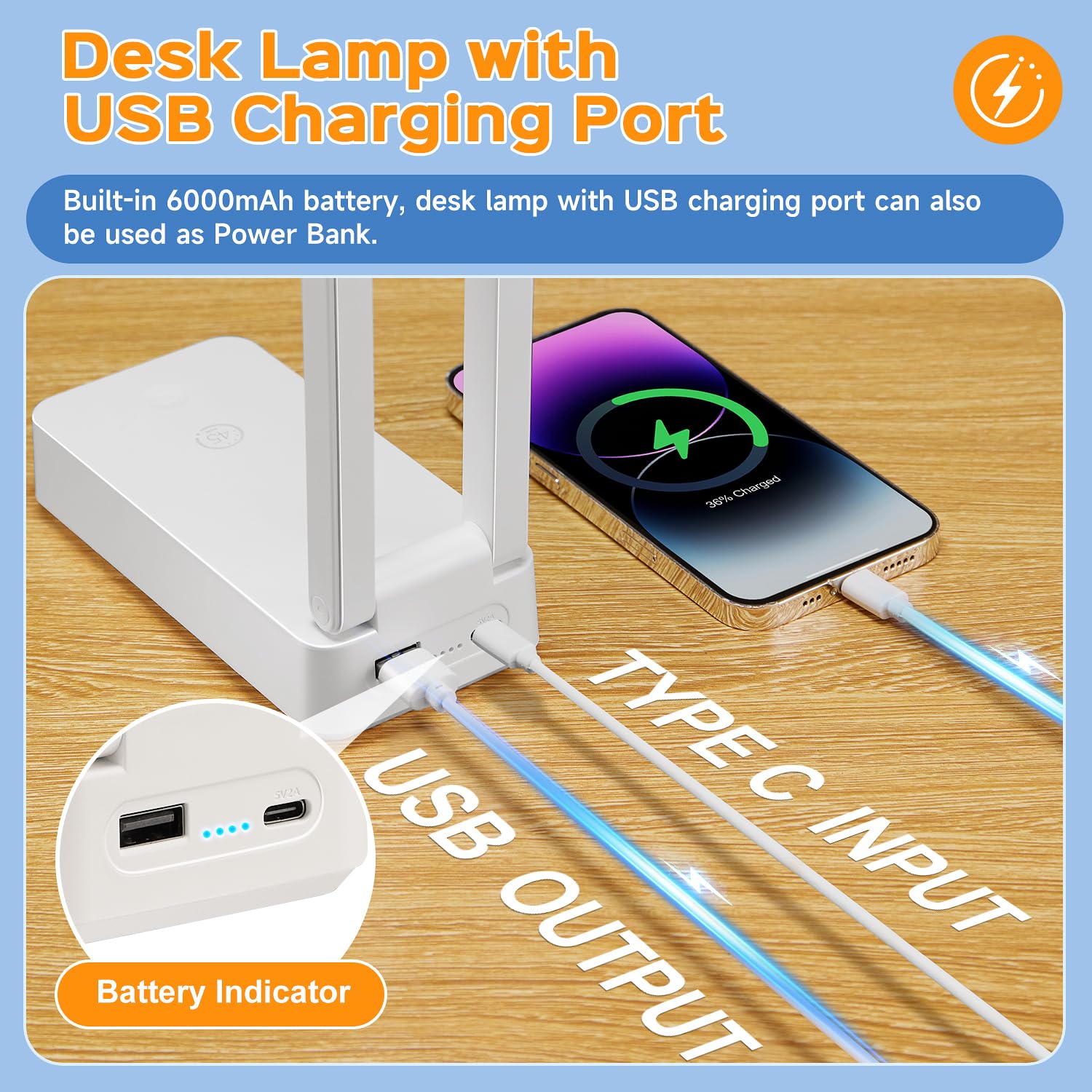 Coolnight Small Desk Lamp, 6000 Mah Rechargeable Desk Lamps, 3 Colors & 15 Brightness Portable Light With Usb Charger, Nail Lamp