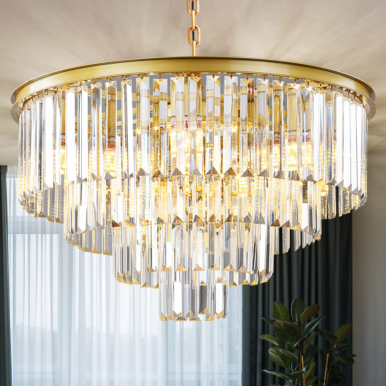 Laiuetai Gold Modern Crystal Chandelier  4-Tier Round Flush Mount Ceiling Light Fixtures Height Adjustable Pendant Lighting For Dining Room Living Room Bedroom Kitchen Hotel Foyer