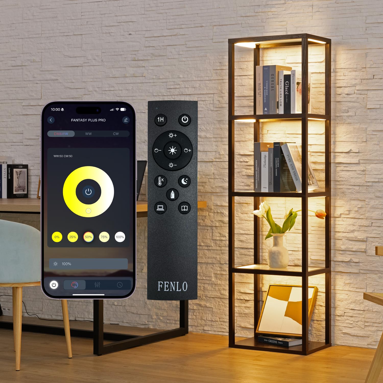 FENLO Fantasy Plus 66'' Luxury Display Shelf with Dimmable LED Floor Lamps, Sturdy Curio Cabinet with Glass Bookcase Display Cas