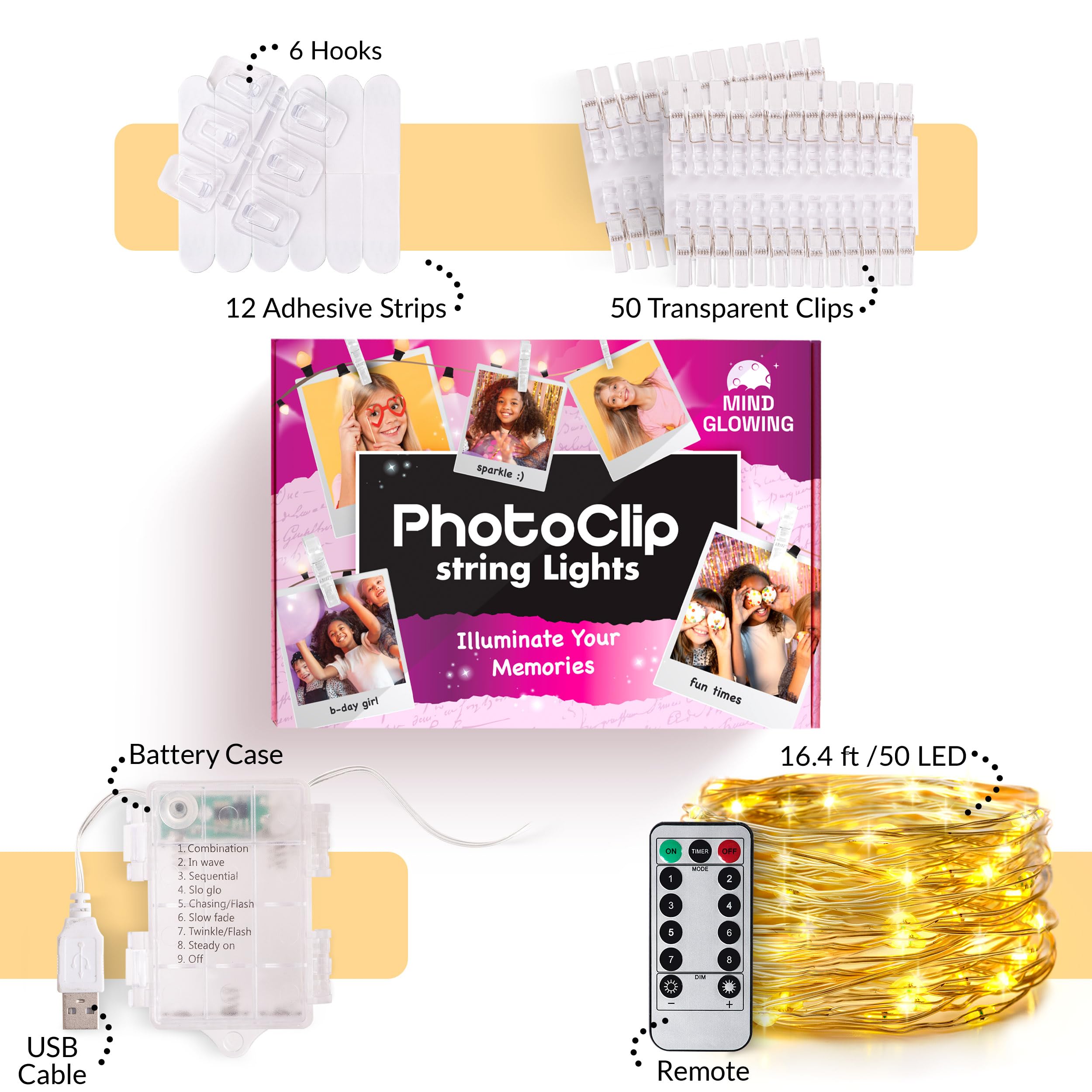 Mind-Glowing Photo Clips String Light - Warm White Fairy Lights With Clips For Hanging Pictures - Teen Girl Room Decor, Trendy Stuff - Birthday Gift For 8-14 Year Old Tween Girls (50 Led, 16.4 Ft)