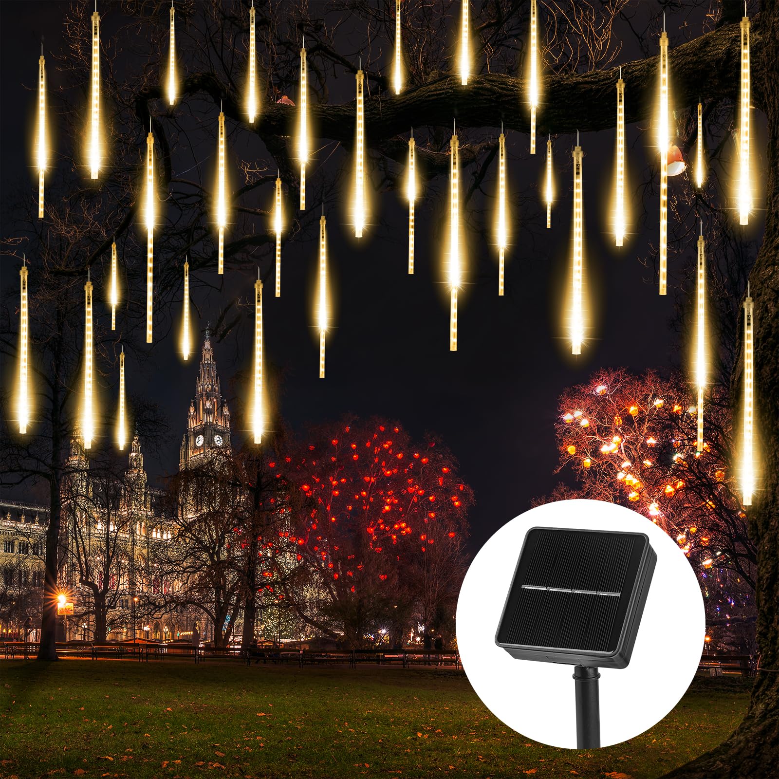 Solar Meteor Shower Lights - 16 Inch 8 Tube 288 LED, Waterproof, Cascading Falling Rain Lights for Tree, Bush, Holiday Parties, 