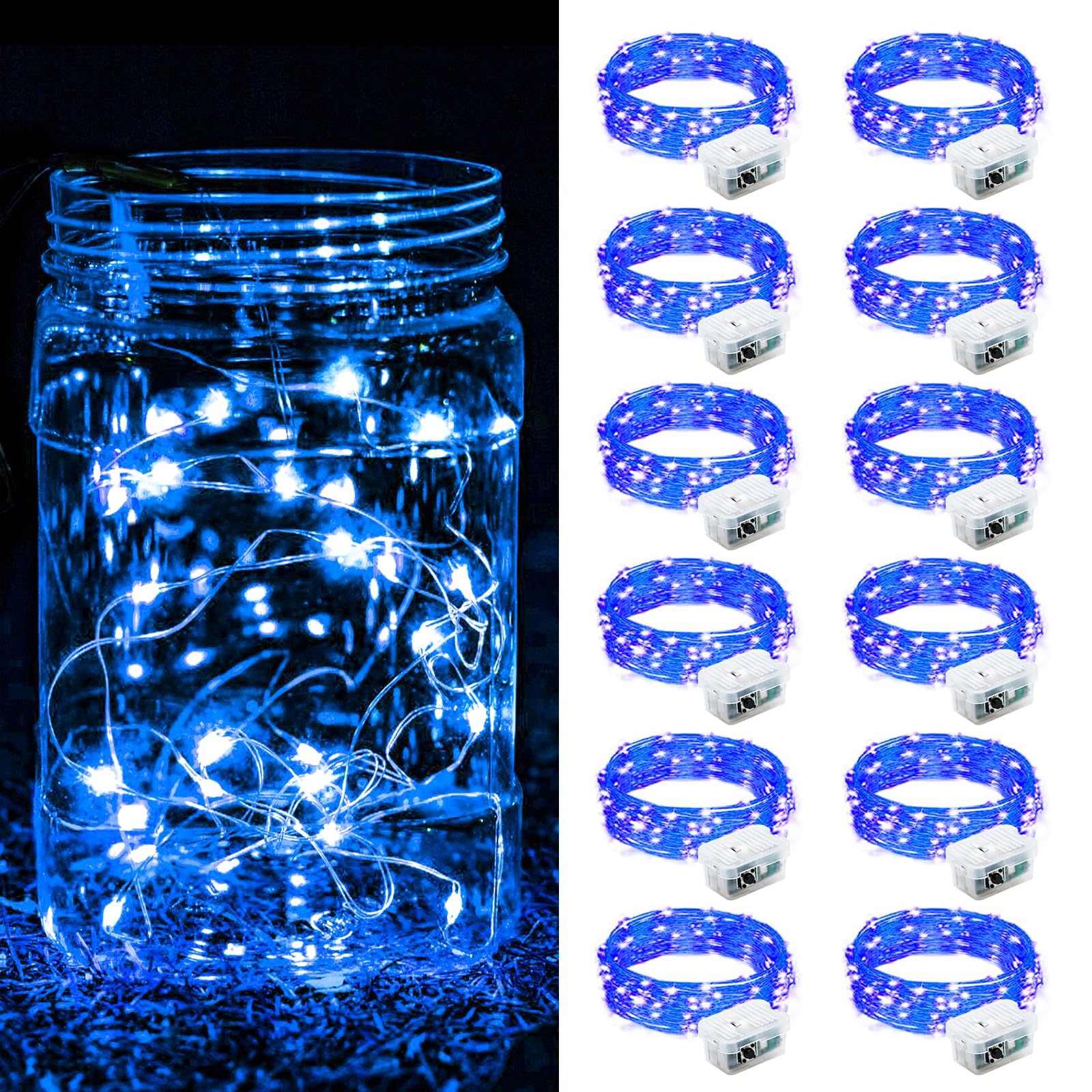 ZGWJ 12 Pack Fairy Lights Battery Operated  7FT 20LED Mini Fairy String Lights Silver Wire 3 Modes for DIY  Parties  Wedding  Bedroom  Halloween Christmas Decoration- Blue
