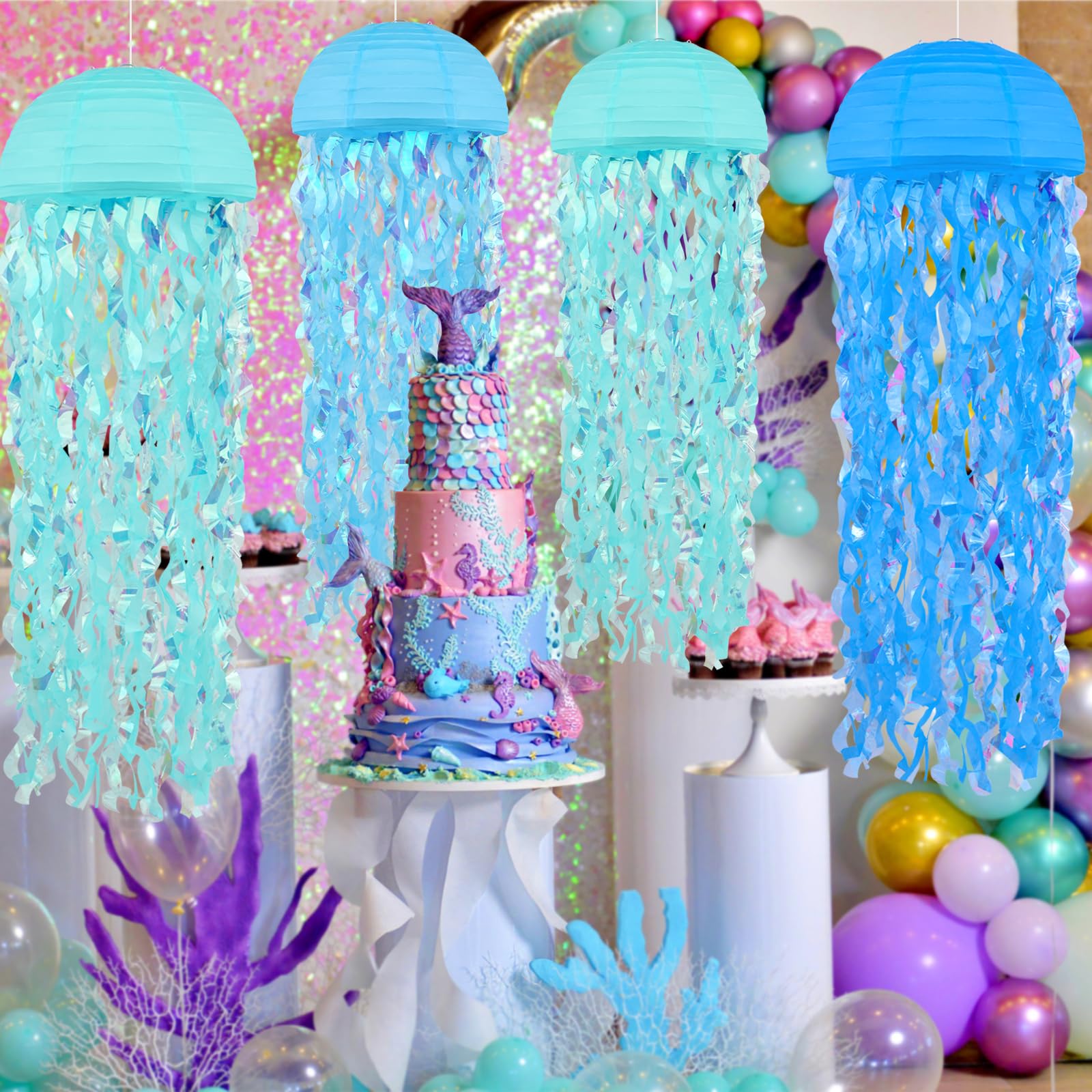 Jellyfish Paper Lanterns 6 Pacs 10 Inch Under The Sea Party Decorations Mermaid Party Baby Shower Blue Hanging Jelly Fish For Oc