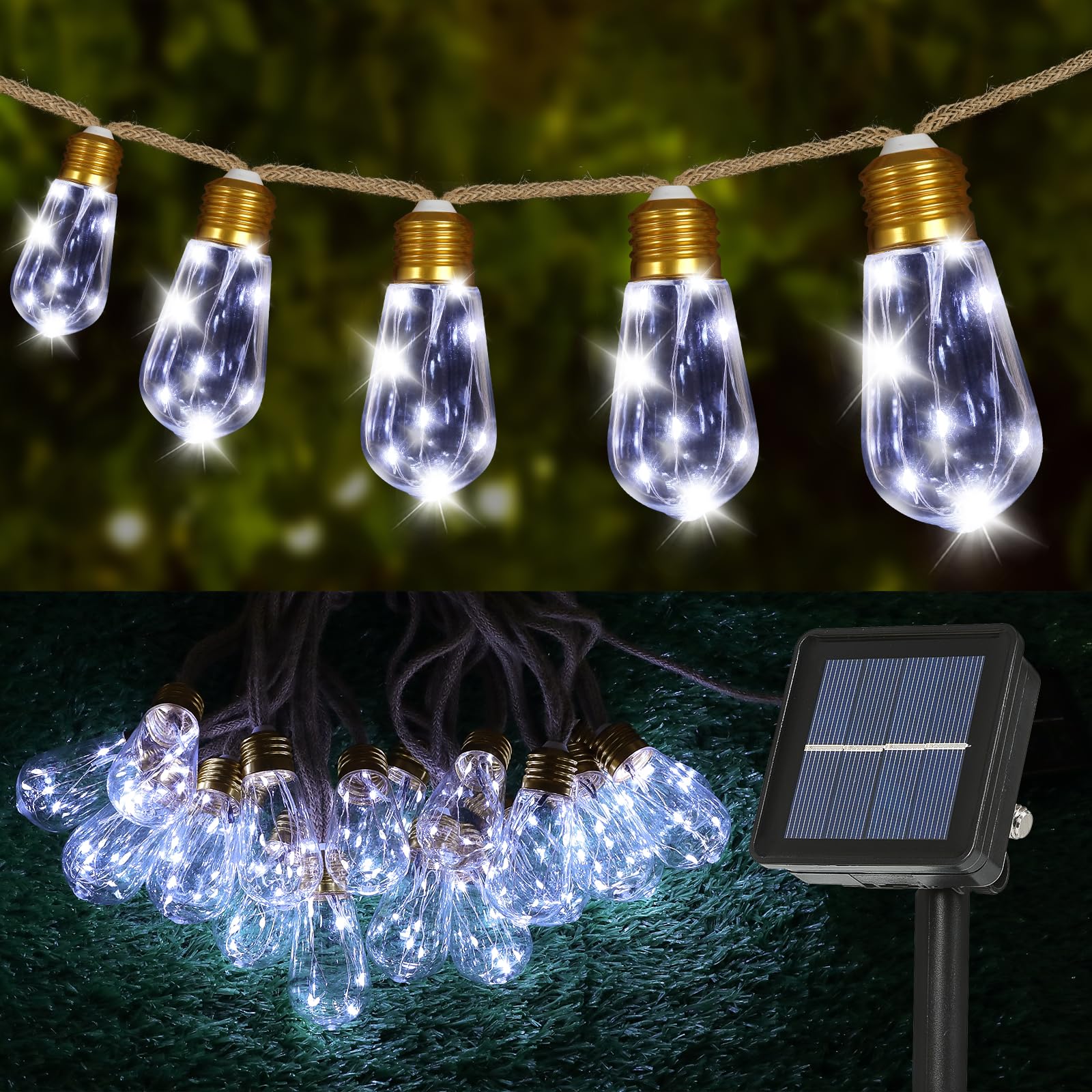 Solar Outdoor String Lights 24Ft Vintage Rope Hemp Solar Lights With 20 Shatterproof Bulbs,8 Modes Solar Powered String Lights With Memory Function, Waterproof For Fence,Balcony,Camping,Café(White)