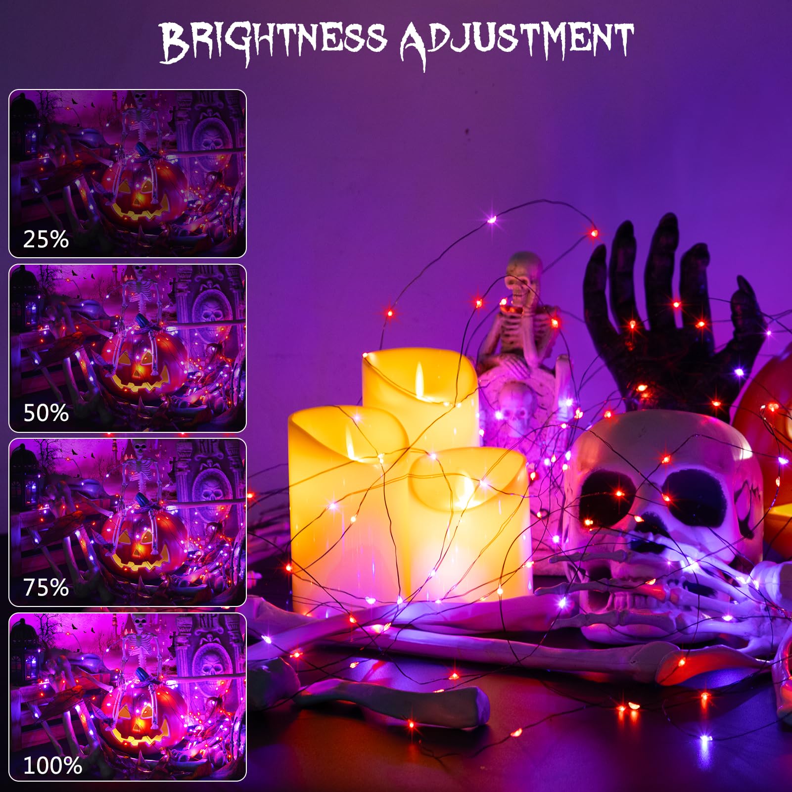 ZAIYW Fairy Lights, 50 LED, 16.5Ft, Battery Operated, Remote Control, 8 Modes, Purple Orange - Black Wire, Model DB200, 4 Pack