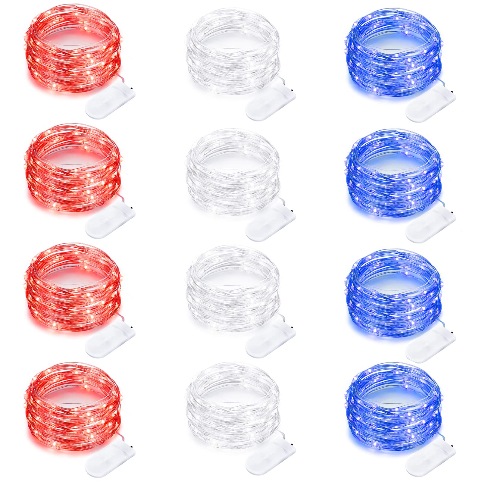Yiaht 12 Pack 20 LED Waterproof Lights, 7 Feet Silver Wire, Red White Blue, Firefly Starry Lights for Independence Day Decor