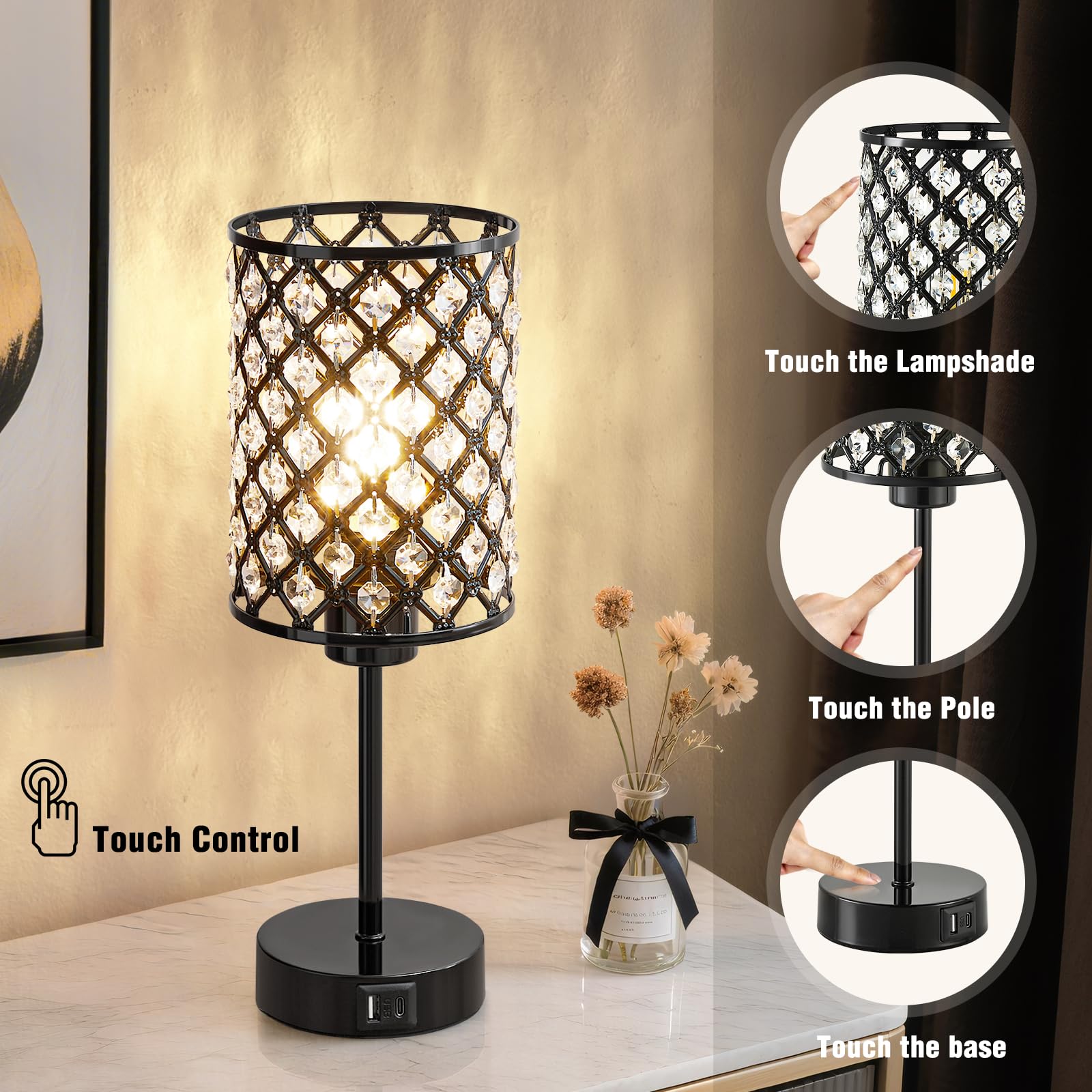 Touch Control Table Lamp, Black Crystal Table Lamps Set Of 2 With 2 Usb Charging Ports, 3-Way Dimmable Bedside Nightstand Lamps