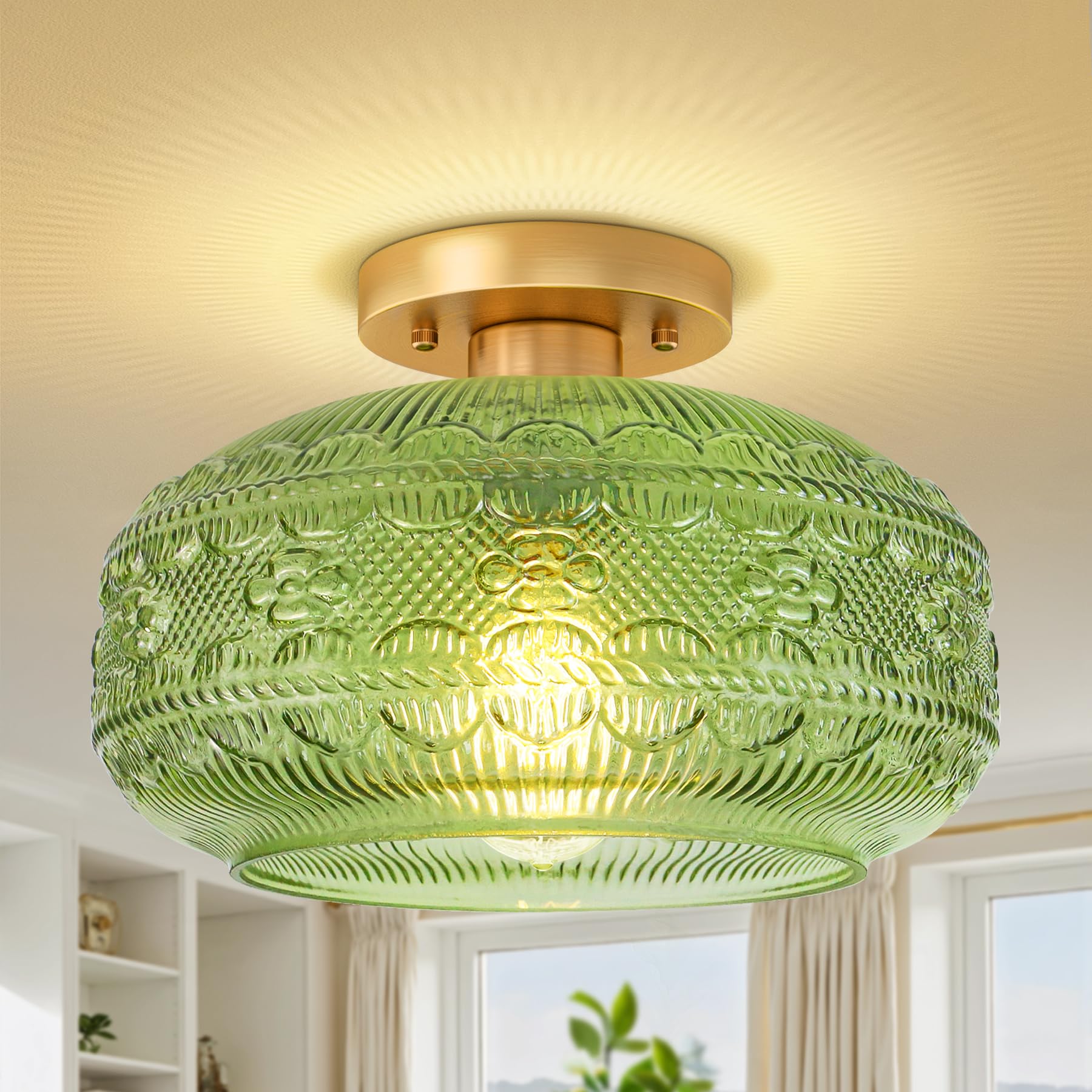 Apoto 11'' Large Semi Flush Mount Ceiling Light,Green Globe Glass Ceiling Light Fixture,Vintage Hallway Light Fixture Ceiling,Cl