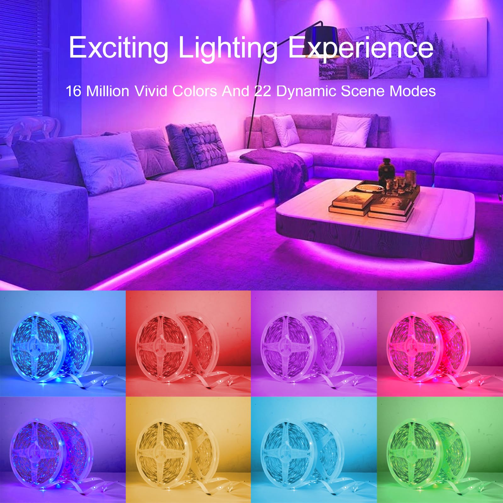 HBOWMDJIA 50 FT RGB LED Strip Lights, Music Sync, Multicolor, Remote & App Control, Perfect for Bedroom, Living Room, Kitchen Decor