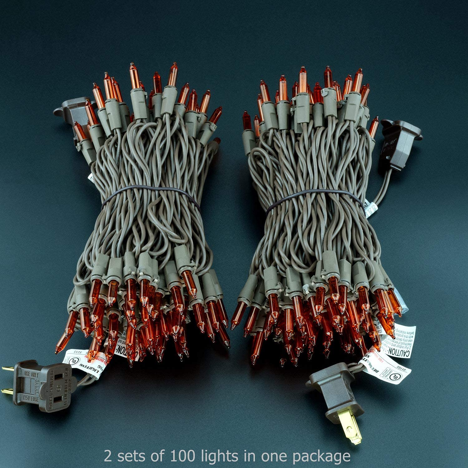 Yuletime 66 Ft Orange Christmas Lights, 200 Count Mini String Lights, Ul Certified, Amber Incandescent, Brown Wire, Pack Of 2