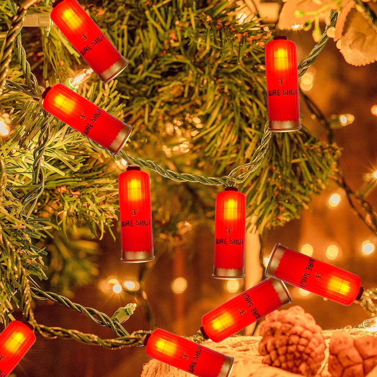 8.5Ft Red Shotgun Shell Christmas String Lights With 10 Led Bullet Shell Lights, Connectable Outdoor Military Style Bullet Light