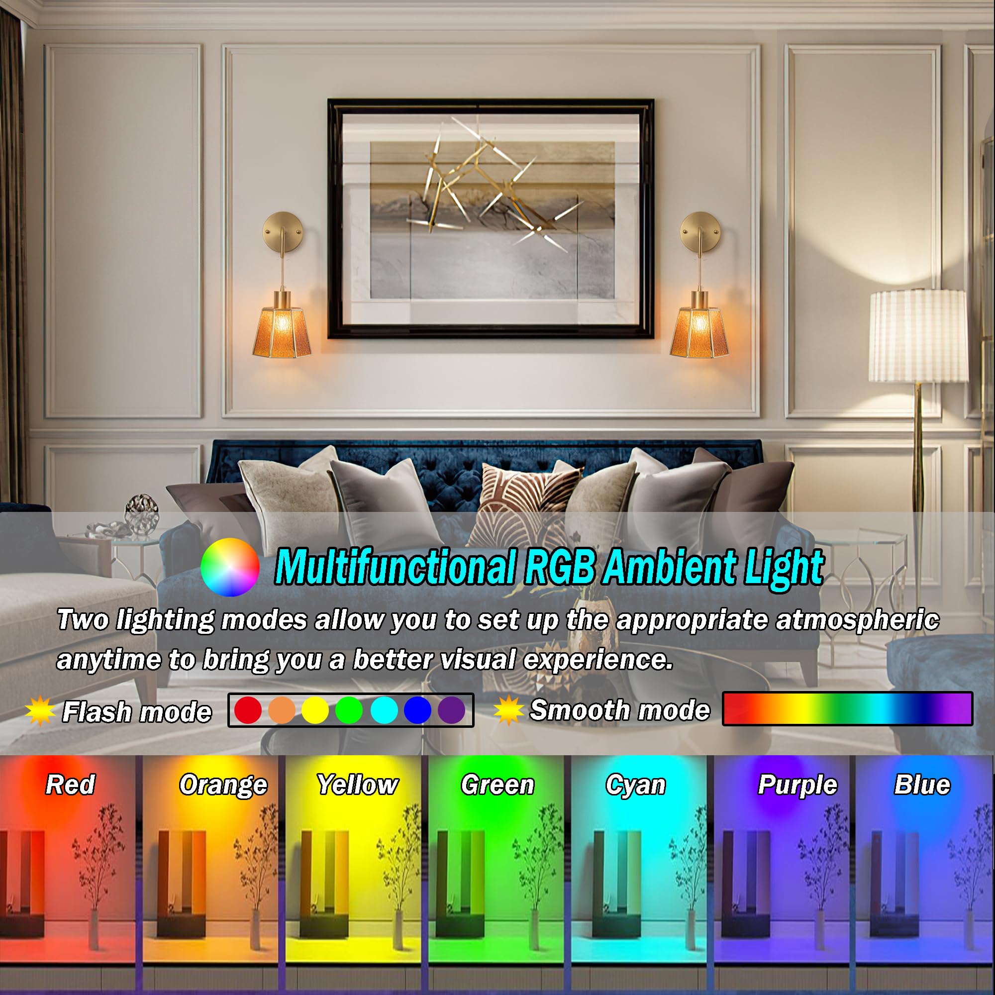 Yhcdlamp Light Fixture, Wall Sconces Set Of 2, Battery Operated, Rgb Color Changing, Rechargeable, Ideal For Bedroom, Living Roo