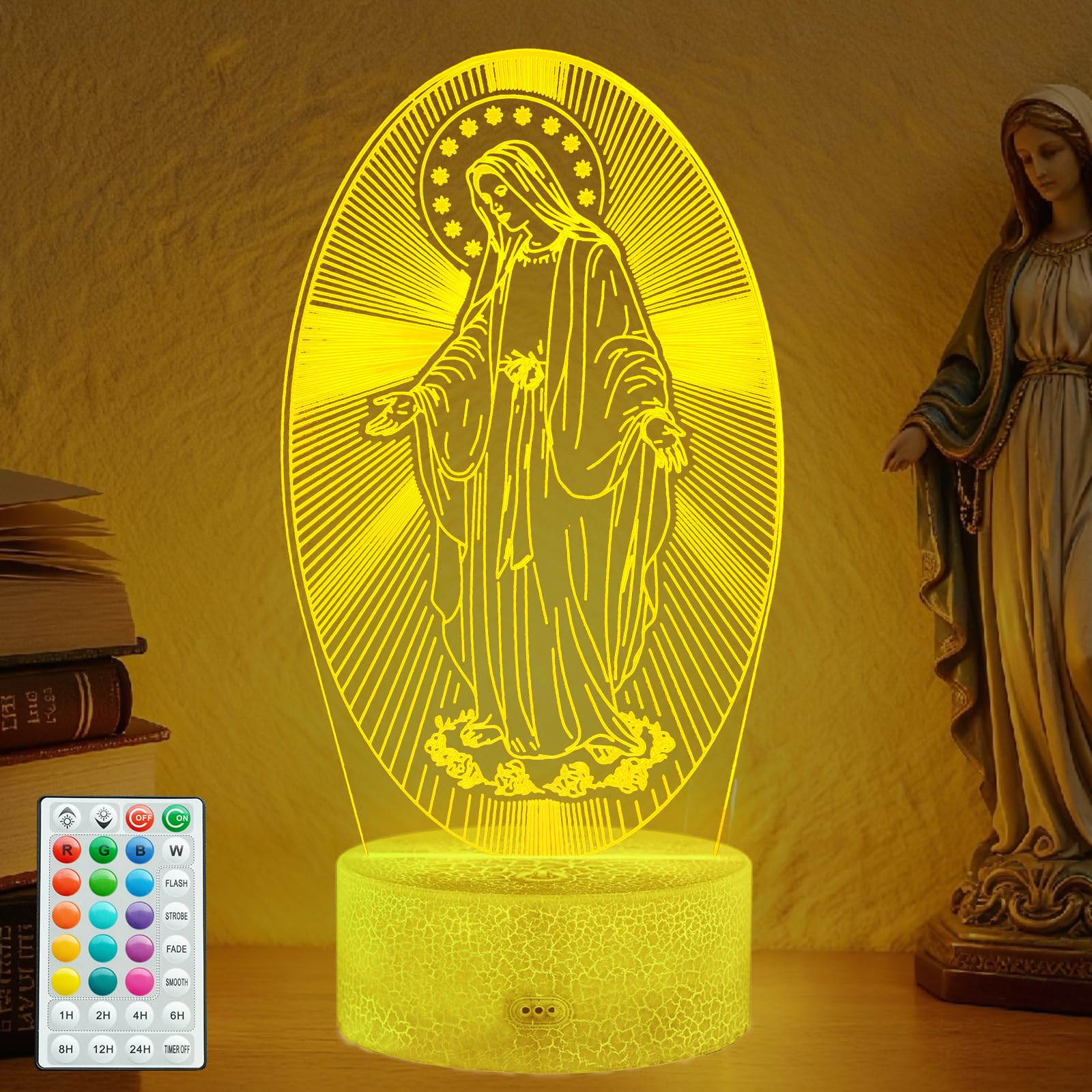 Posshe Virgin Mary Gift  3D Christian Night Light  16 Colors Changing  Remote Control With Timer  Rgb Flashing Mode And Dimmable  Religious Lamp For Christmas Birthday Decor