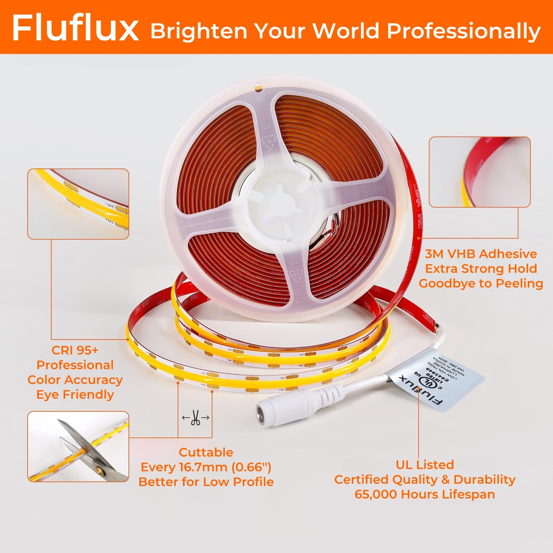 Fluflux Cob Led Strip Light Neutral White 3500K, Premium Tape Light With Strong 3M Vhb Tape, Cri 95, Ul Listed, Cuttable, Dimmab