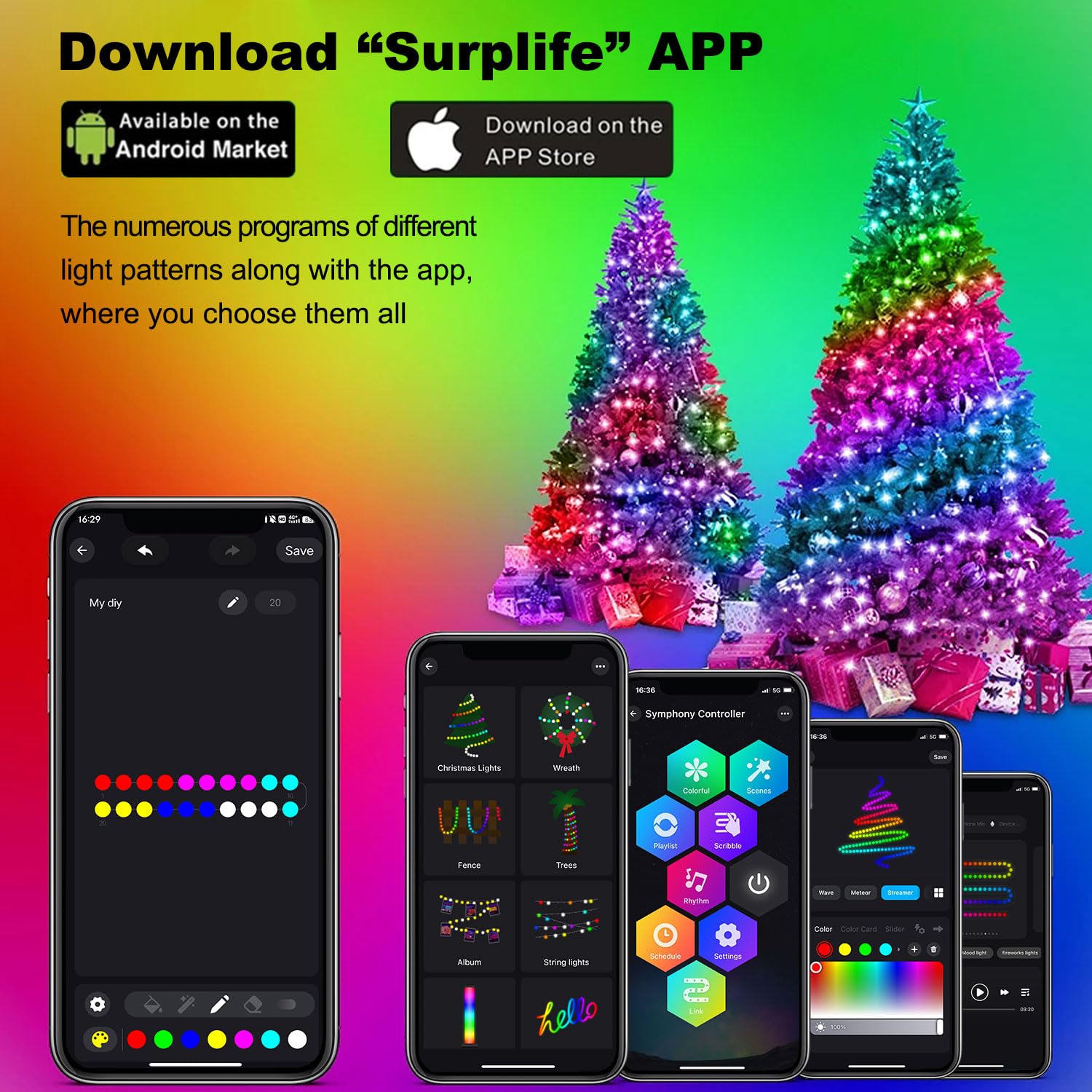 2win2buy 160 LED Christmas Tree String Lights - Multicolor, IP65 Waterproof, Smart APP Control, Remote Color Changing, Model HYGX5V-DK160L