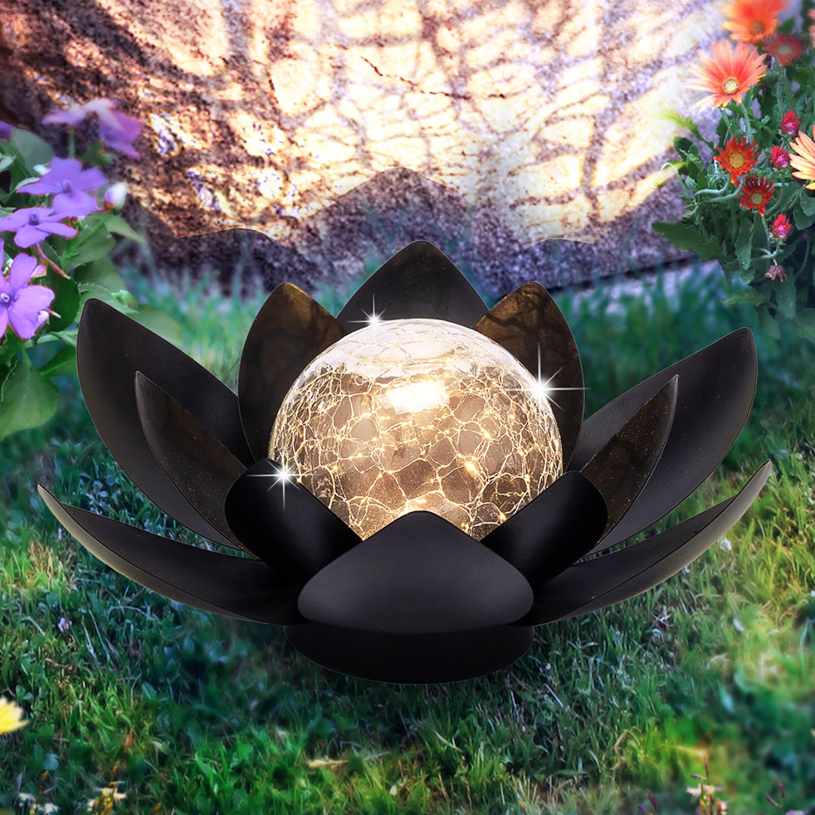 Huaxu Solar Lights Outdoor Garden Decor Metal Black Lotus Decoration, Crackle Globe Glass Waterproof Led Outside Table Lamp For