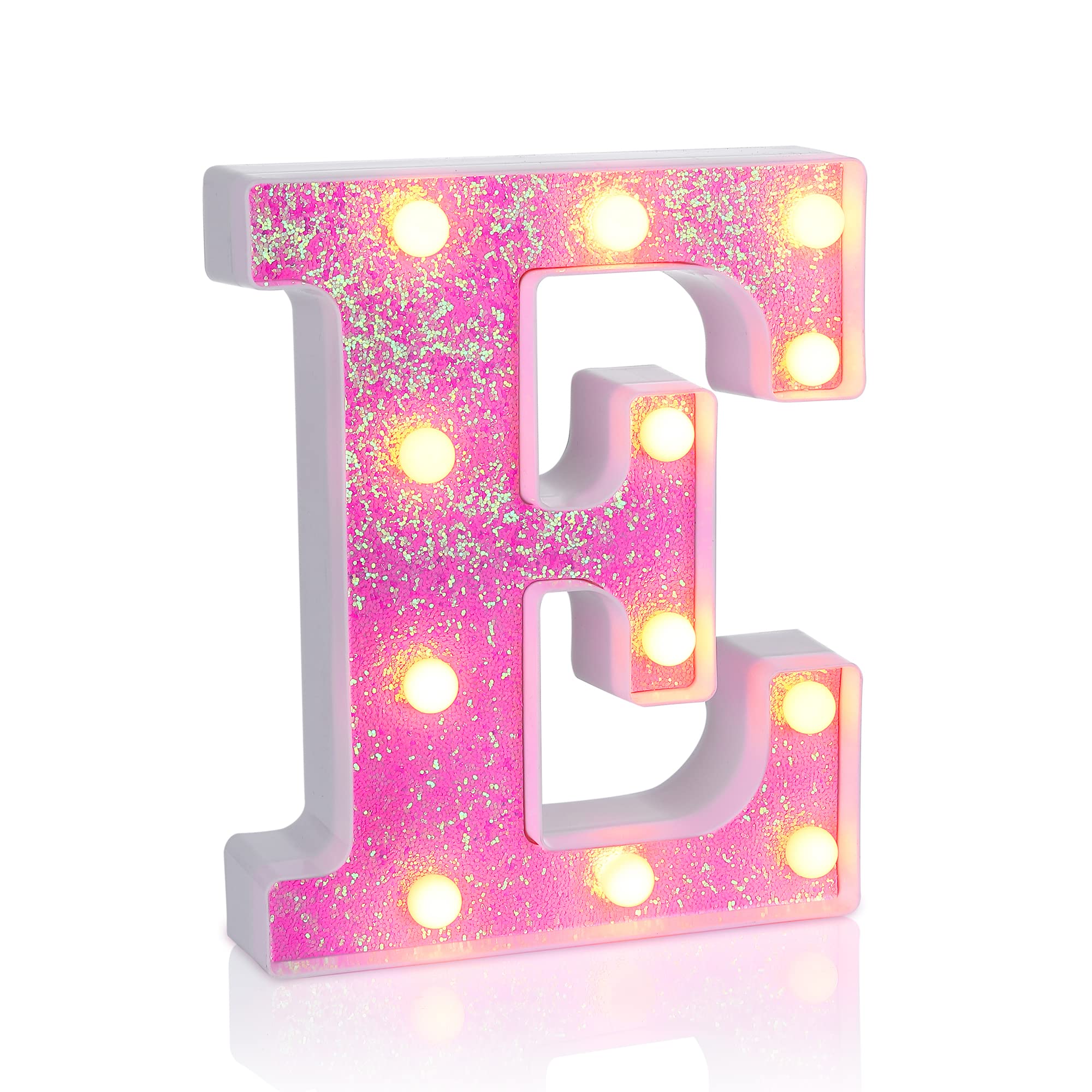 Foaky LED Letter Lights Sign - Pink Glitter Alphabet for Parties, Battery Powered, Home Bar Decoration, Model E