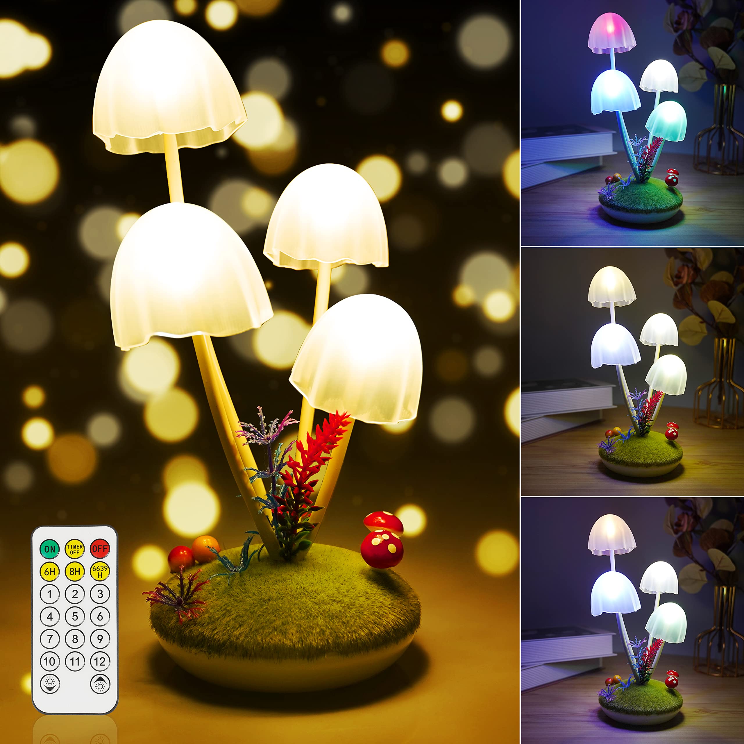 Mushroom Night Light for Kids, Wonderland Mushroom Lamp Decor Small Table Lamp, Dual-Colors Bedside Lights with Dimmable Remote 