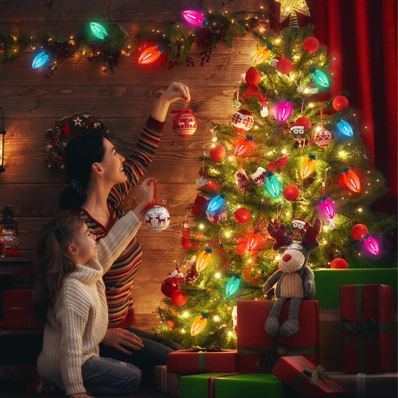 C7 Christmas Led String Lights, 25Ft C7 Vintage Clear Multicolor Lights With 27 Colorful Led Bulbs (2 Spare) For Indoor Home Out