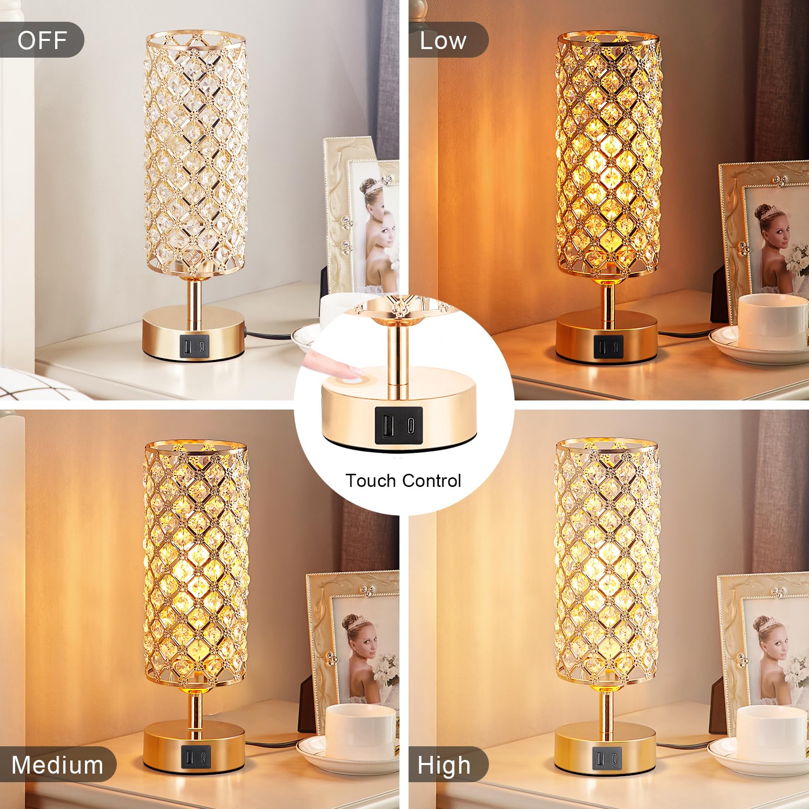 Crystal Table Lamp, Gold Lamp For Bedroom With Usb-C Usb-A Charging Ports, 3 Way Dimmable Light With Crystal Lampshade, Bedside