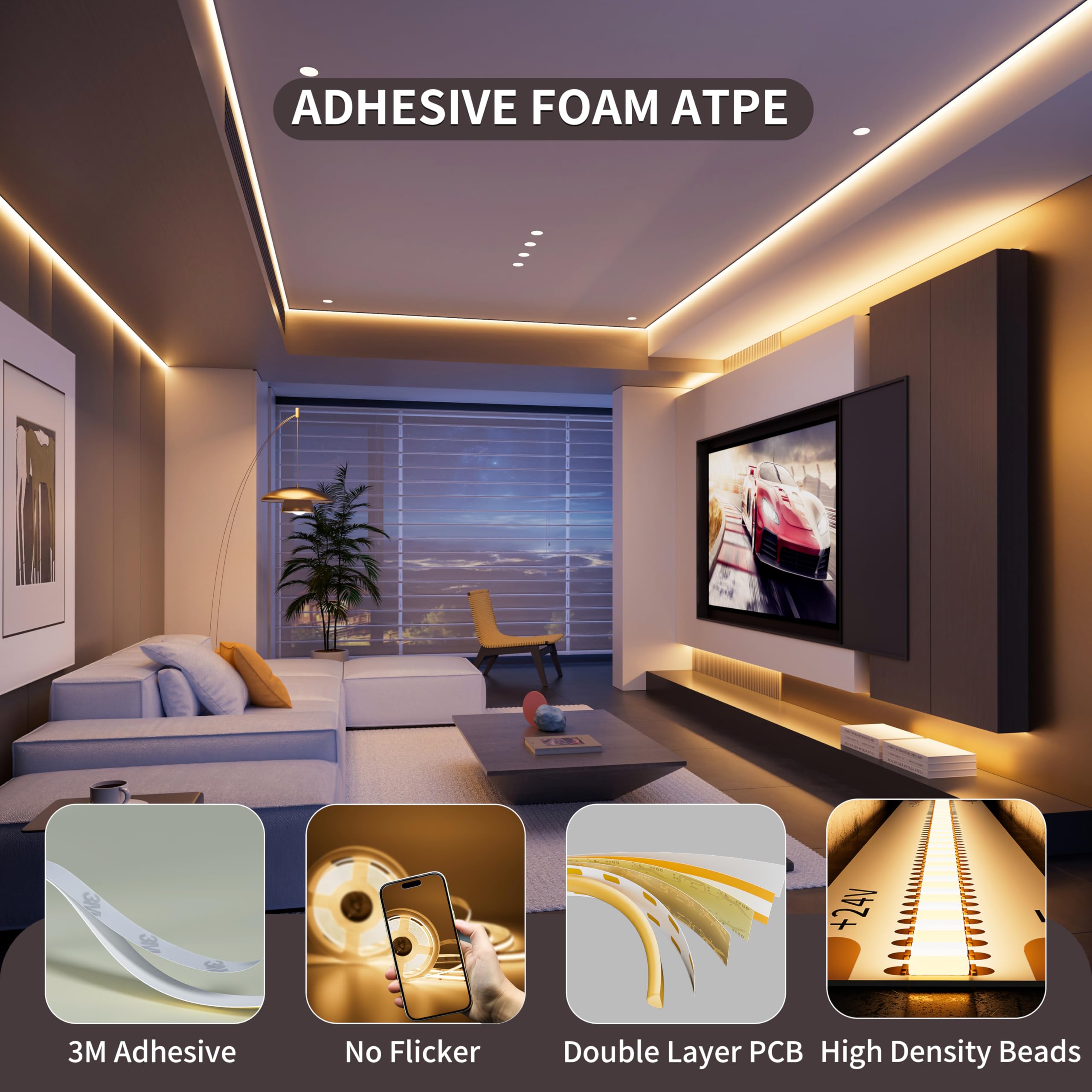 PAUTIX COB LED Strip Light 16.4ft 3000K Warm White, Dimmable, RF Remote, 36W Adapter for Home, Bedroom, Kitchen DIY