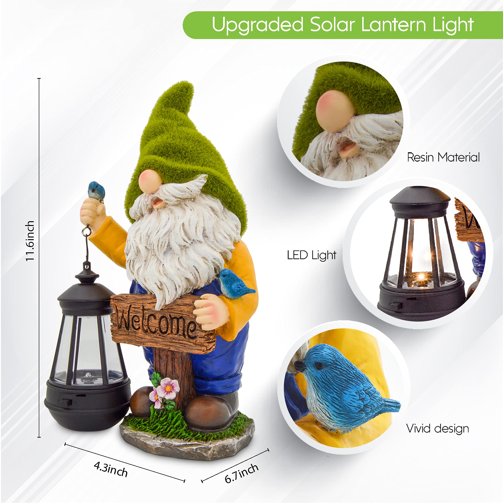 Olekki Garden Gnome Statue with Solar LED Lights - 11.6x6.7x4.3 inch, Flocked, Outdoor Decoration, Model OLKSL-GNM1, Solar