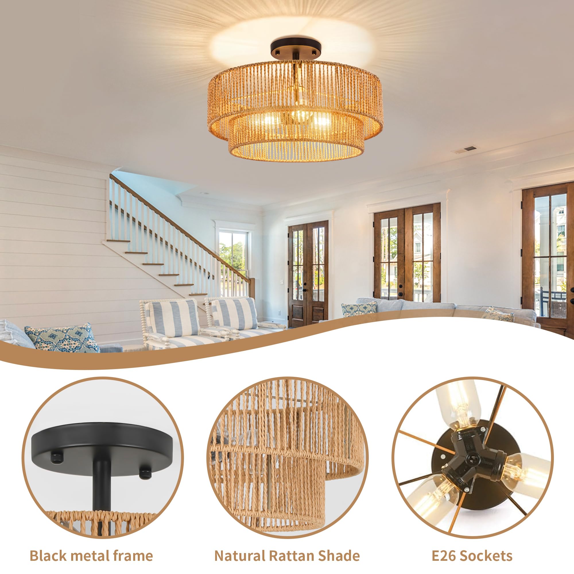 Zecoxol Rattan Ceiling Light Fixture Boho Flush Mount Ceiling Light Wicker Boho Light Fixtures Ceiling Mount For Hallway Bedroom