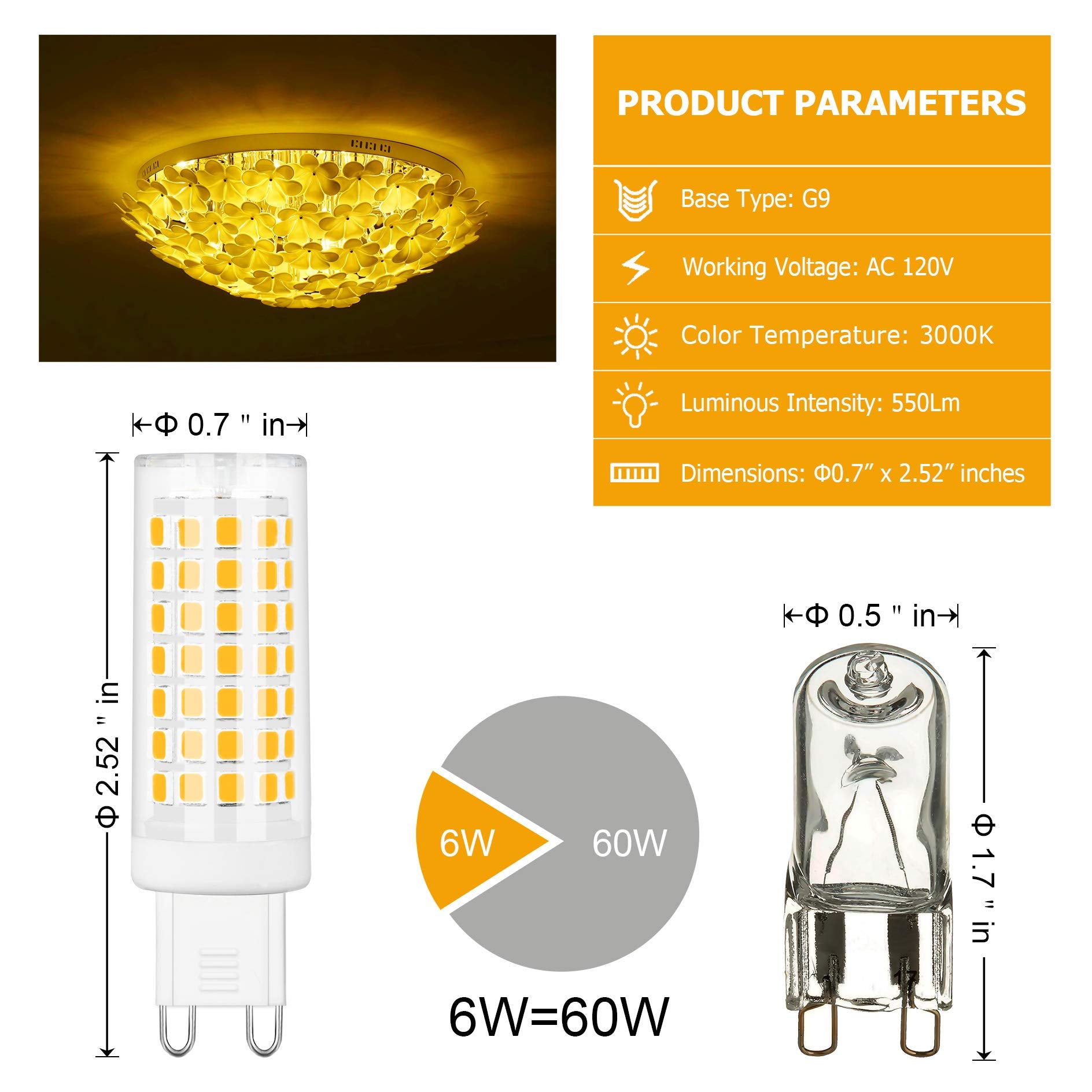 comzler G9 LED Bulb 6W Soft White 3000K, 60W Halogen Equivalent, Ceramic Base, Non-dimmable, Pack of 6