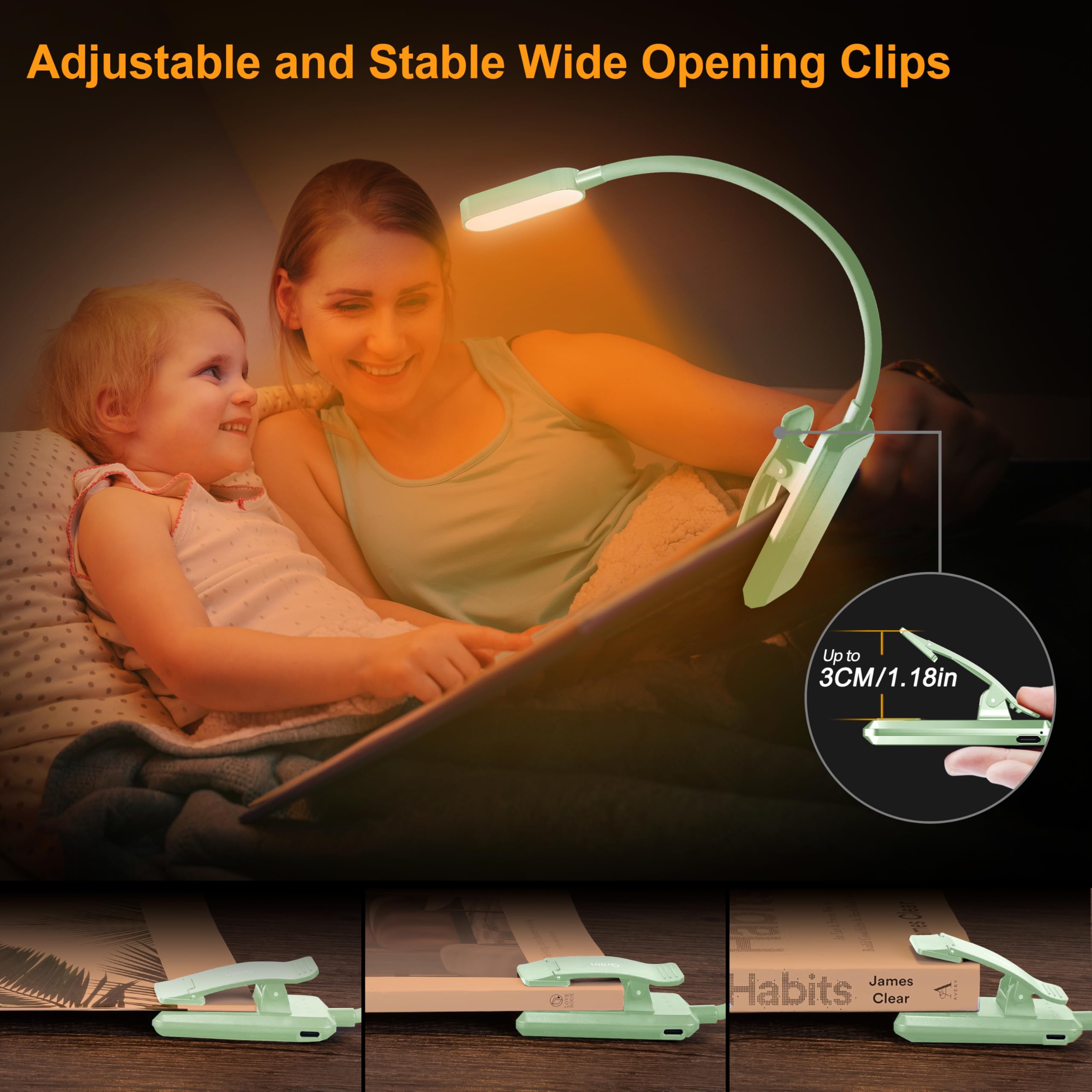 Gritin 16 LED Rechargeable Book Light - Eye-Caring, 3 Color Temps, Stepless Dimming, 80 Hrs Runtime, Cyan, Model GM1331