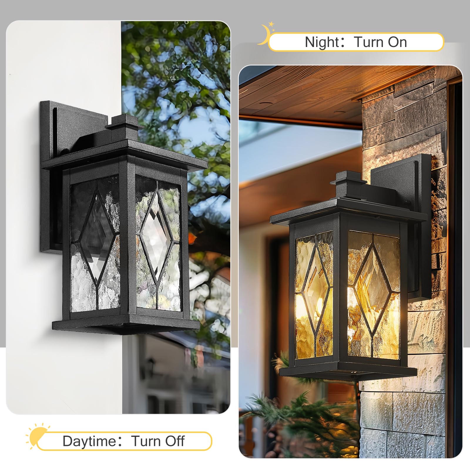 Emliviar 2-Pack Outside Light Fixtures, 12in Black Aluminum with Water Grain Glass, Model 1803EW1-2PK-SD BK