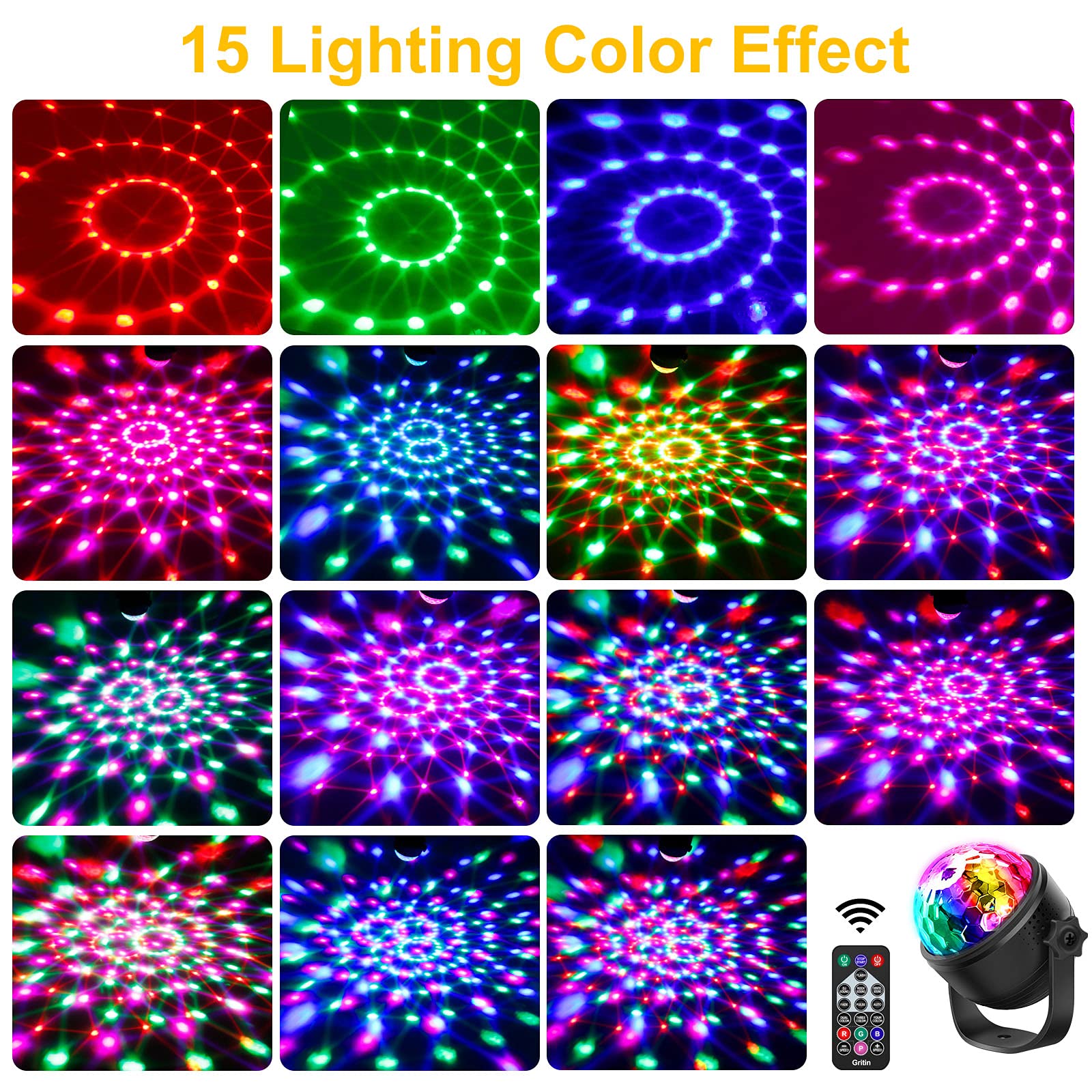 Disco Ball Party Lights, Gritin Sound Activated Dj Strobe Lamp Stage Light with Remote Control- 3W RGB Dynamic Light Effect, 4M/