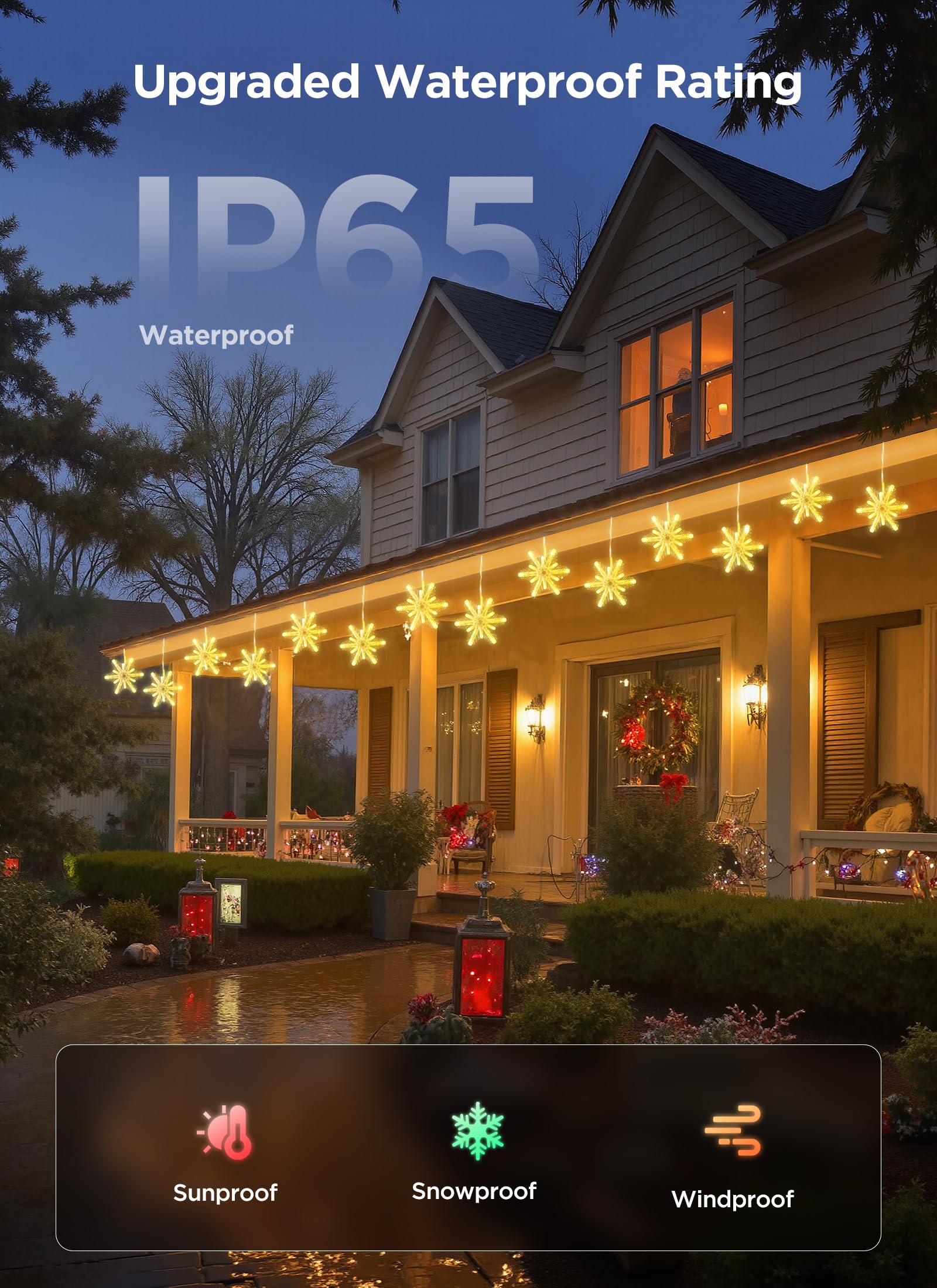 Brightown Smart Christmas Snowflake Lights, 12ft 96LED, APP Control, Waterproof, 8 Drops, White, Model BMSL83