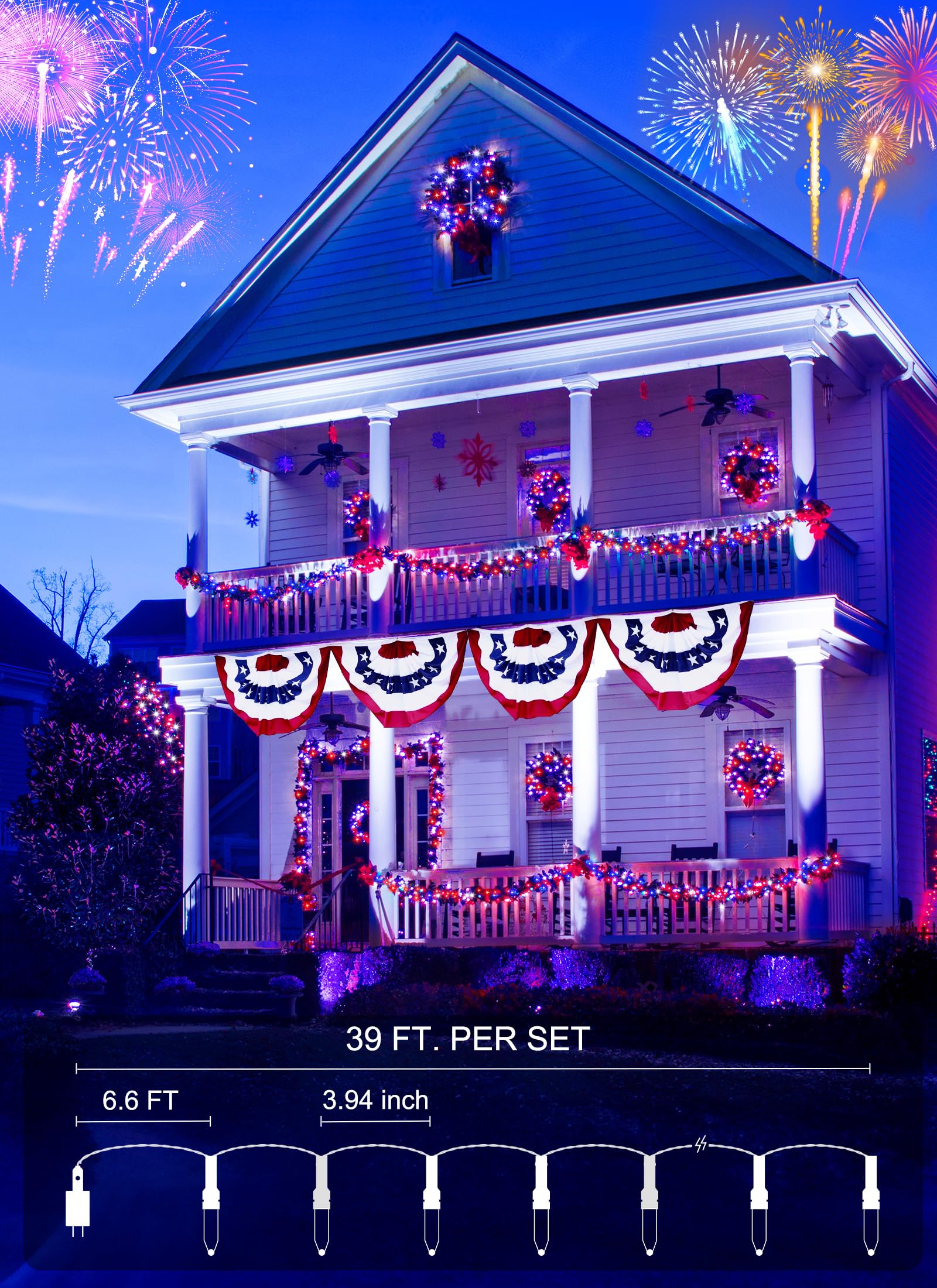 Minetom String Lights - 100 LED Waterproof Mini Lights with Remote, 33 Feet, Red White Blue - White Wire, Model DMO-S-100