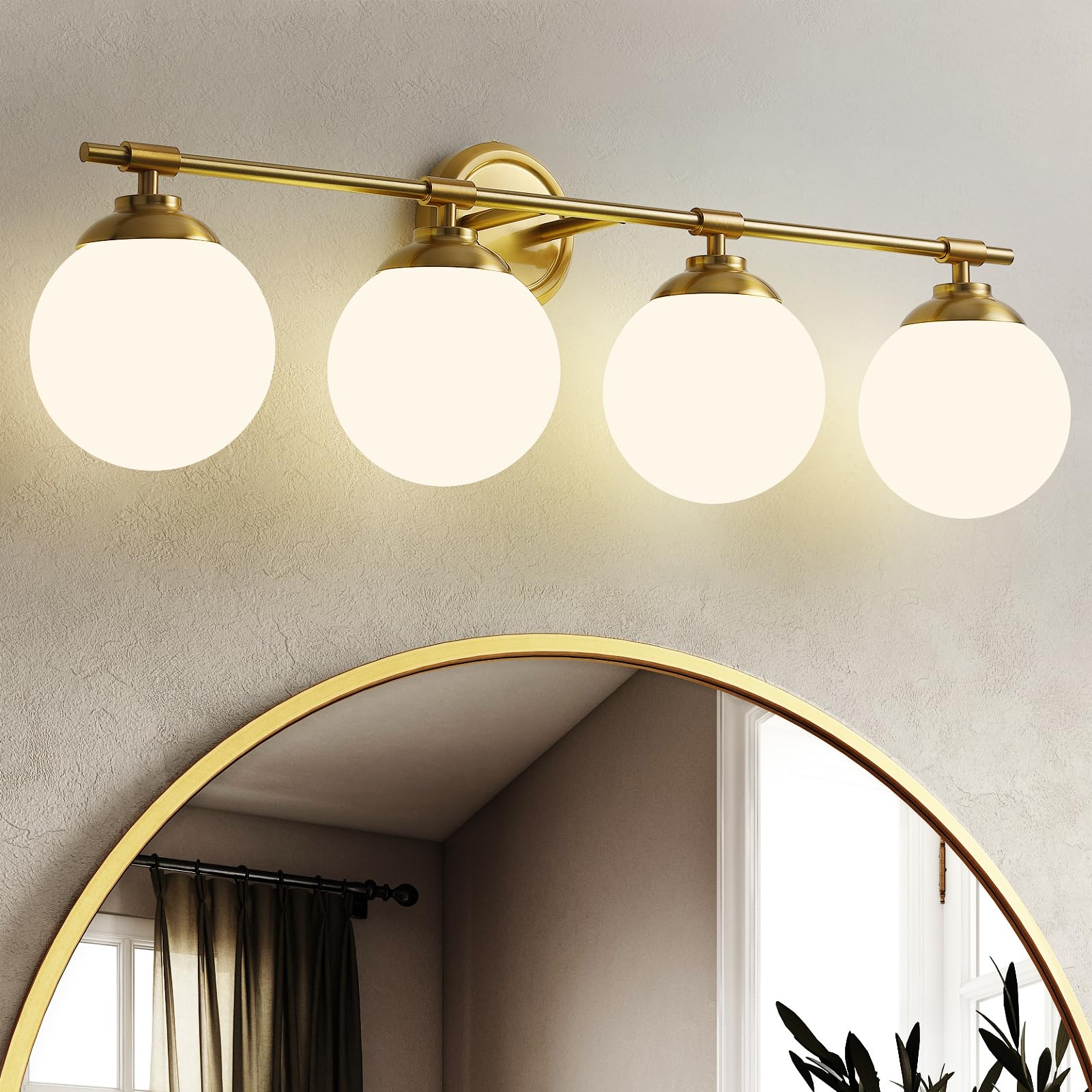 Rayogale 32 Inch Gold Bathroom Light Fixtures, 4 Light Vanity Lights, Metal, Milk White Glass Shades, Model 7201