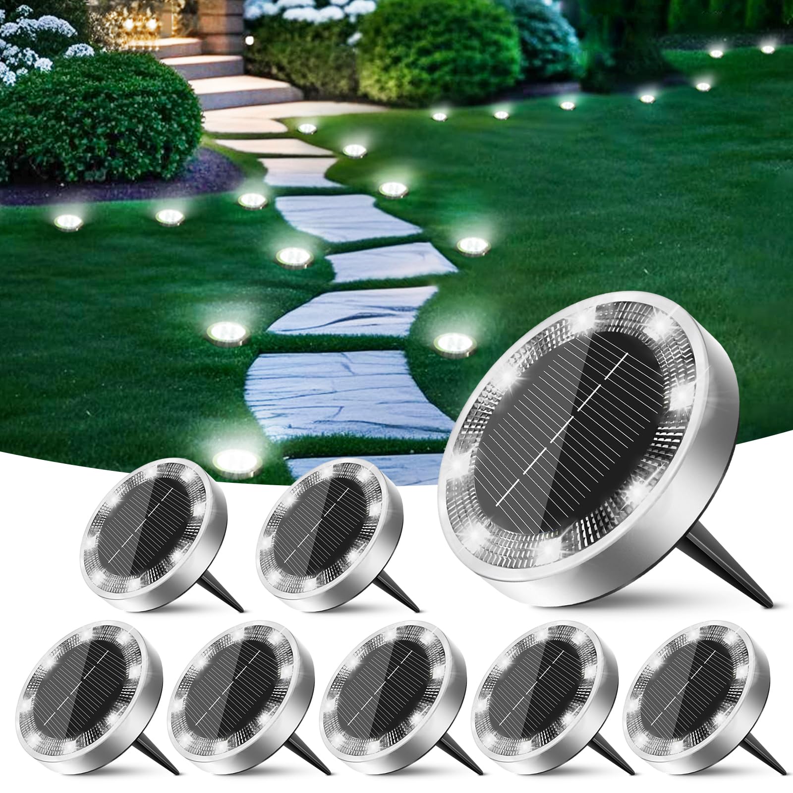 Peasur Solar Ground Lights, 8 Pack, IP68 Waterproof, Anti-Rust, Cool White, Model P8FSD-001