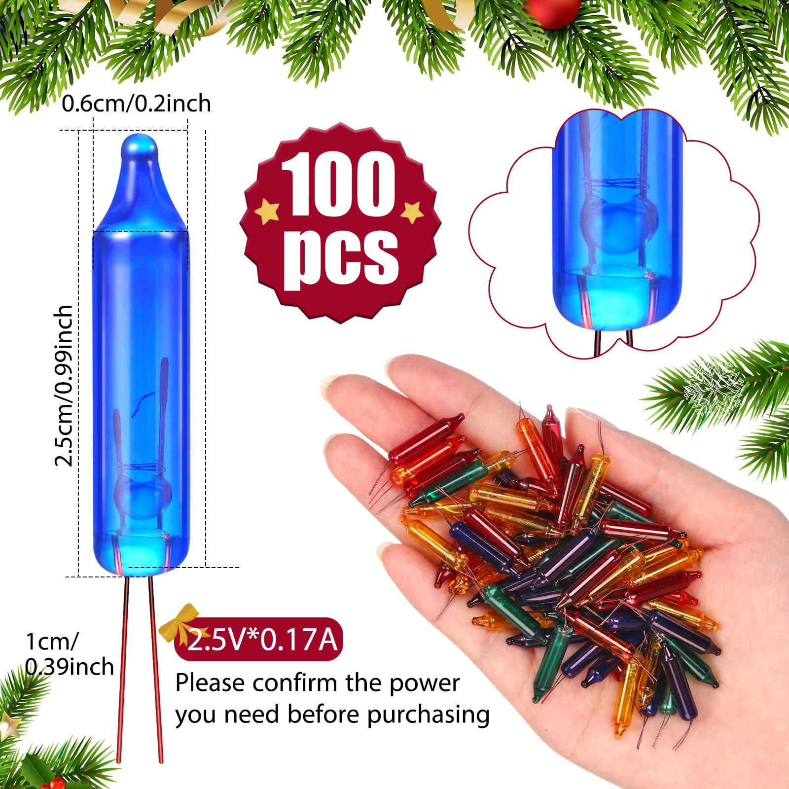Mudder Indoor String Lights - 100 Pcs Colorful Mini Replacement Bulbs, 2.5V*0.17A for Christmas Tree & Holiday Decor