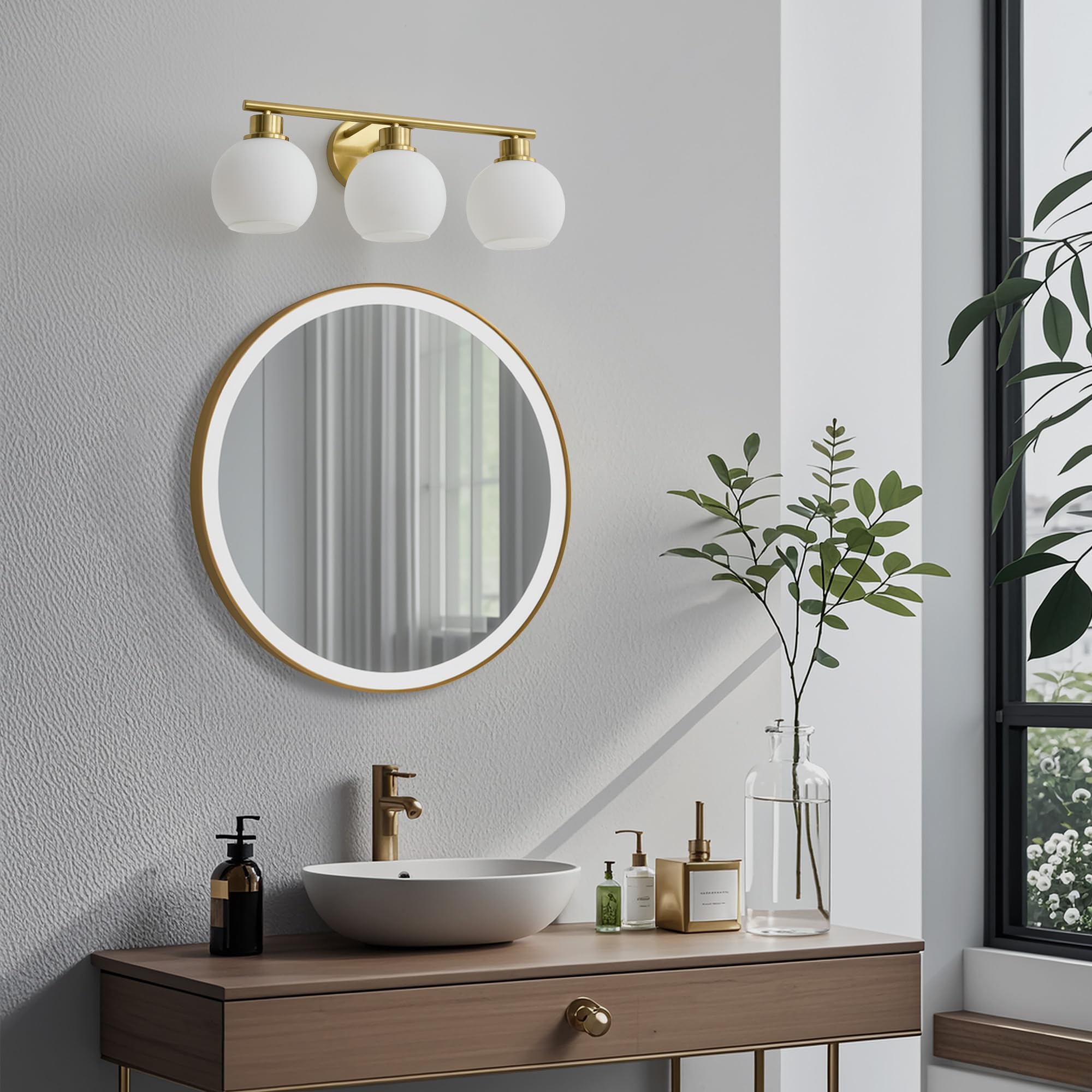 Lanmate Bathroom Vanity Light Fixture 3-Light Milk White Shade 21.65 inch Brass Gold Mid Century Wall Sconce