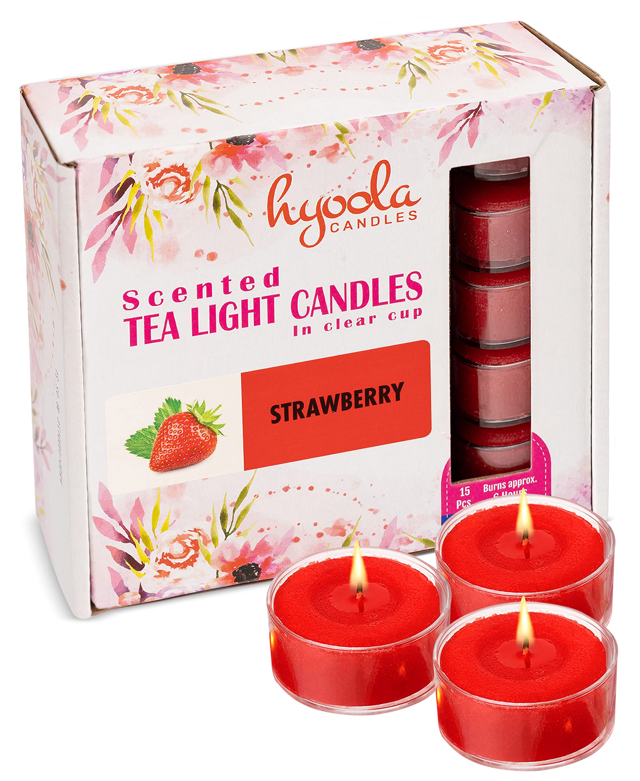 Hyoola Scented Tealight Candles - 15 Pack - Strawberry Red - 6 Hour Burn Time - Clear Cup - Wax - Model H10202