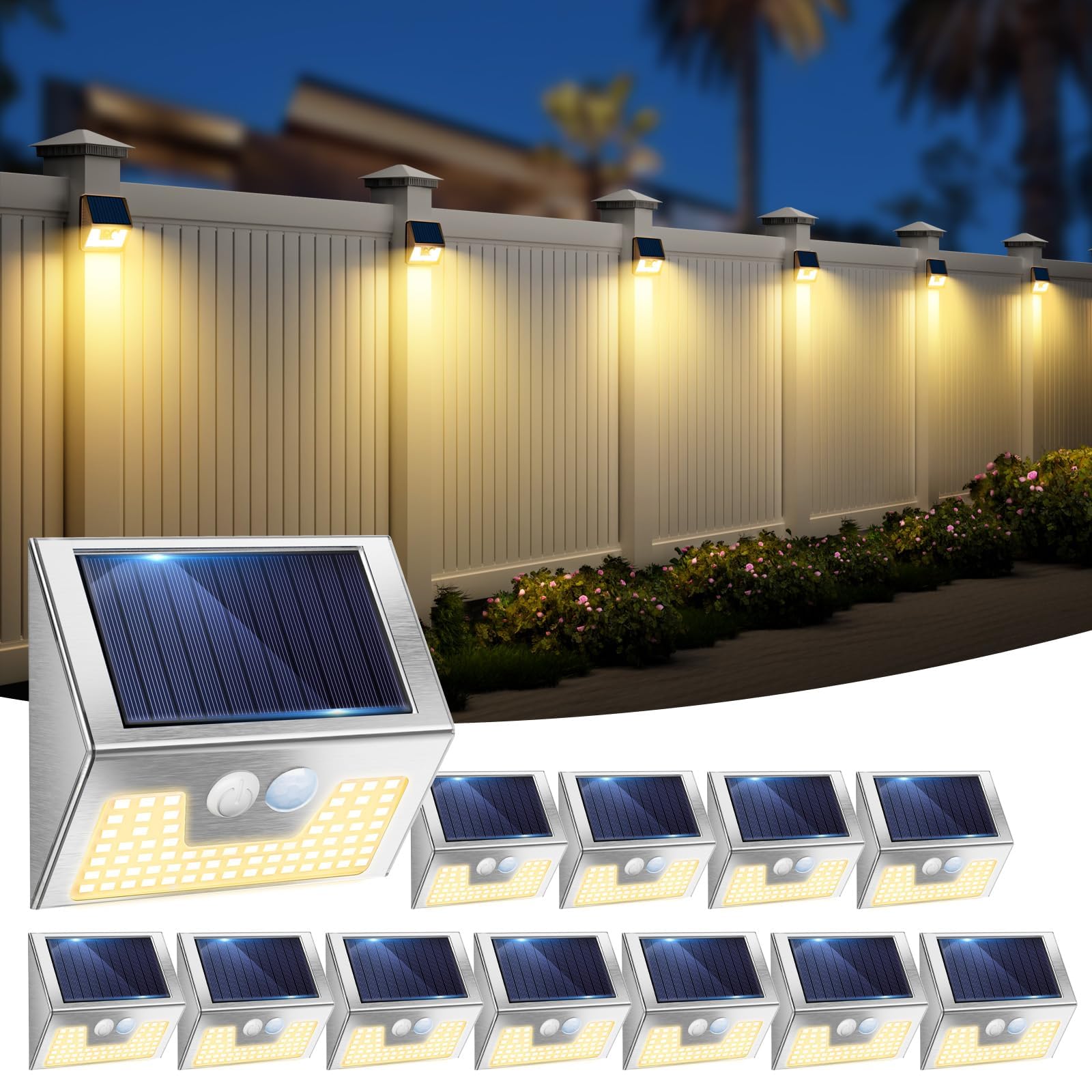 vighep Solar Lights Outdoor 12 Pack, Motion Sensor, Waterproof, Warm White LED, Stainless Steel, Model YHM03A
