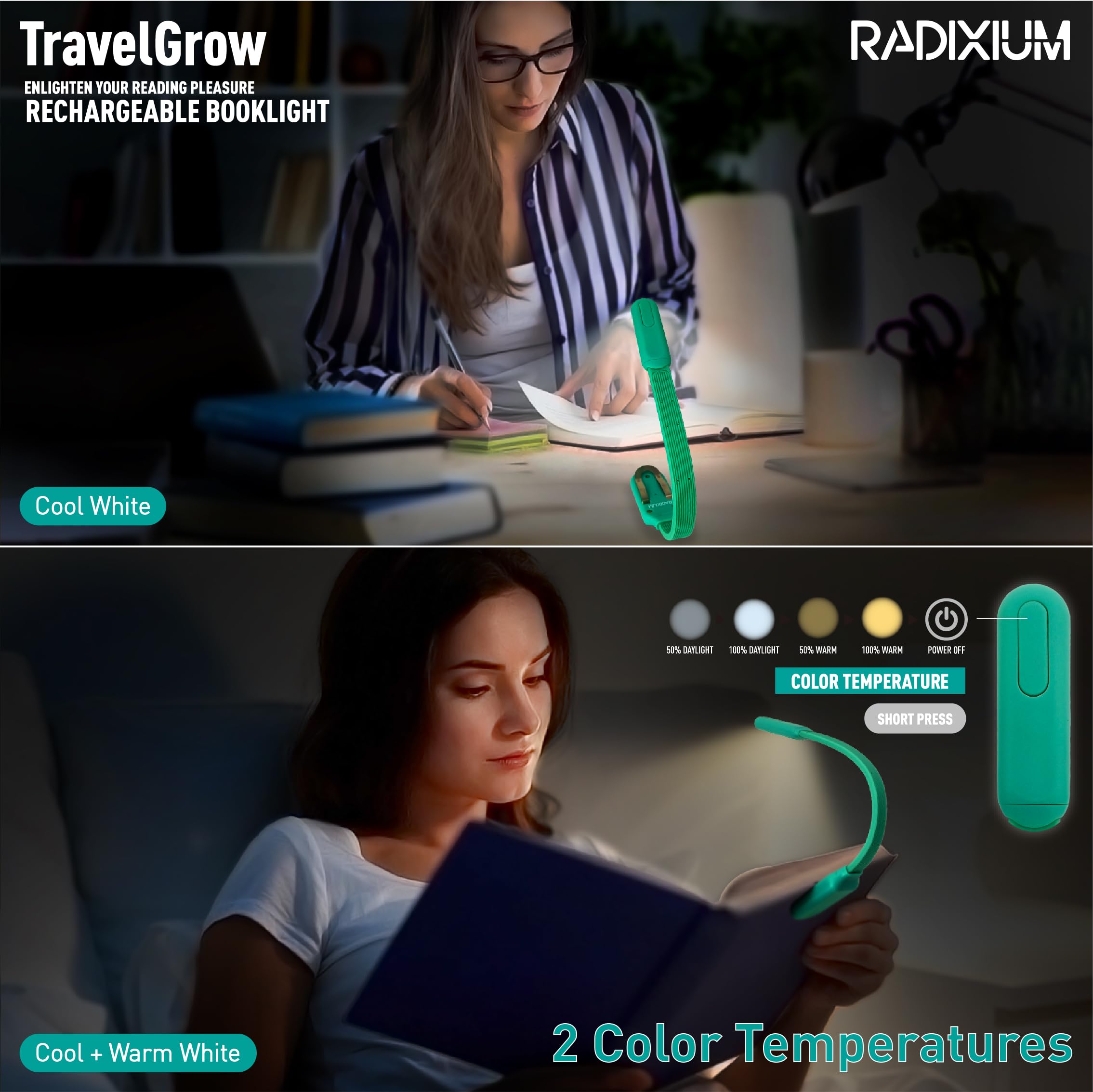 Radixium Slim Rechargeable Book Reading Light  Eye Caring Led With 4 Color Temperatures  Portable Clip On Book Light For Reading In Bed & Travelling. Prefect Elegant White Gift For Book Lover.(Green)