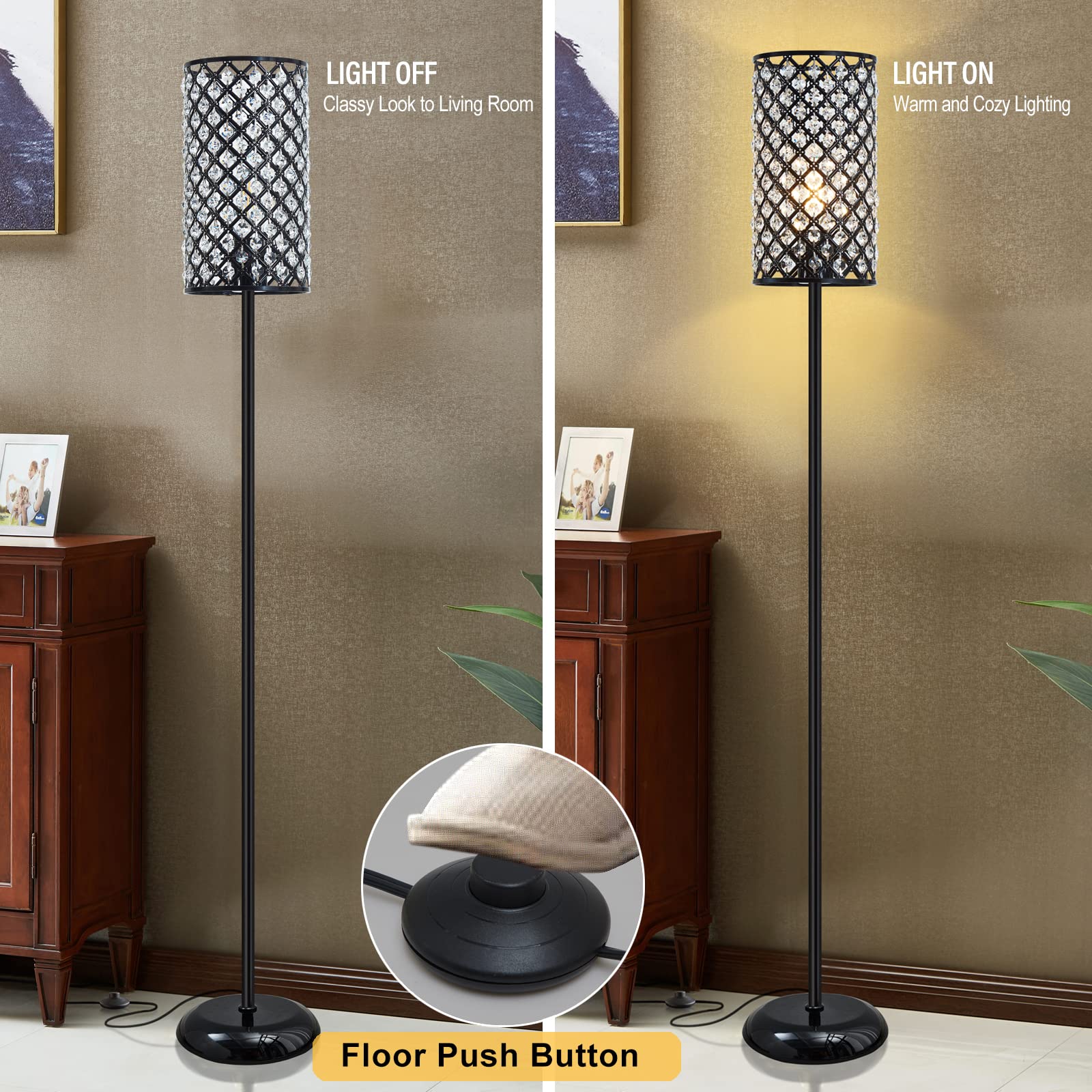 Crystal Floor Lamp, Modern Standing Lamp With Elegant Shade Black Floor Lamp With On/Off Foot Switch,Tall Pole Accent Lighting F