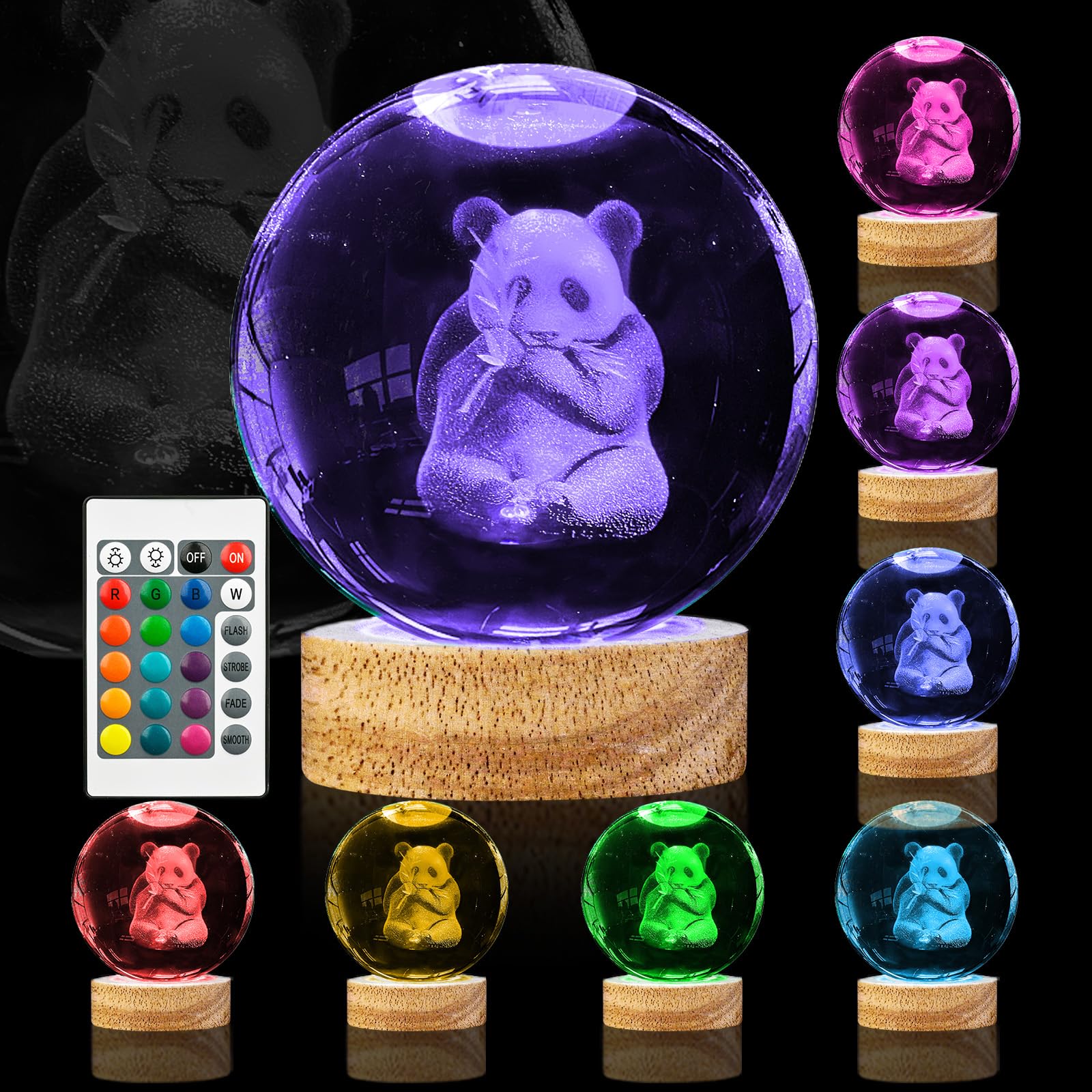 Oriamde 3D Panda Crystal Ball Night Light 3.15 inch Panda Glass Ball Lamp with 16 Color Changing Wooden Base and Remote Control 